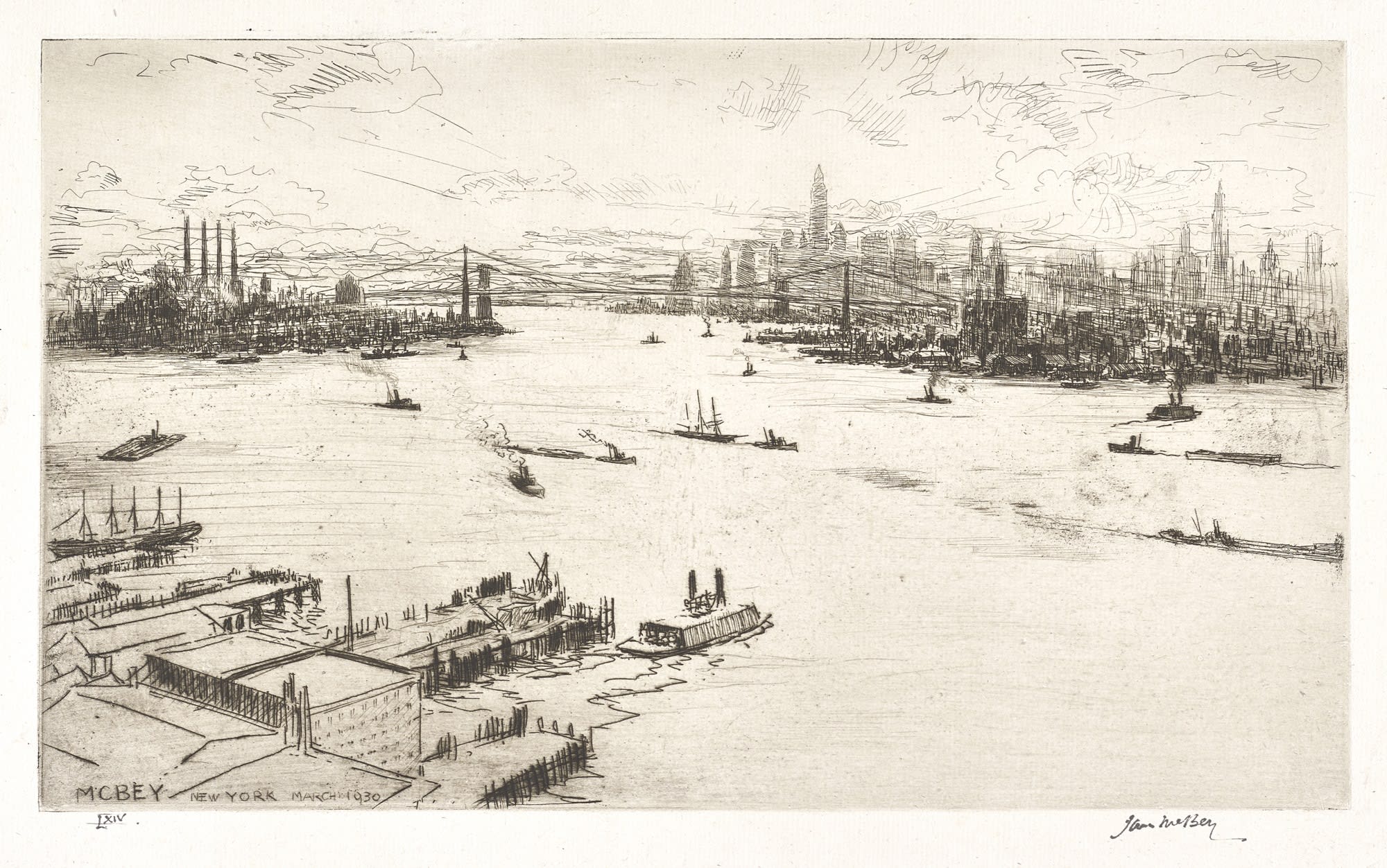 James McBey, East River, Sunset, 1934
