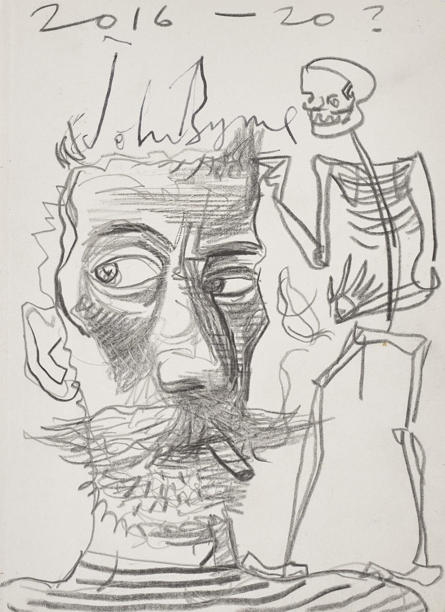 John Byrne RSA, Self Portrait with skeleton, 2016-20?