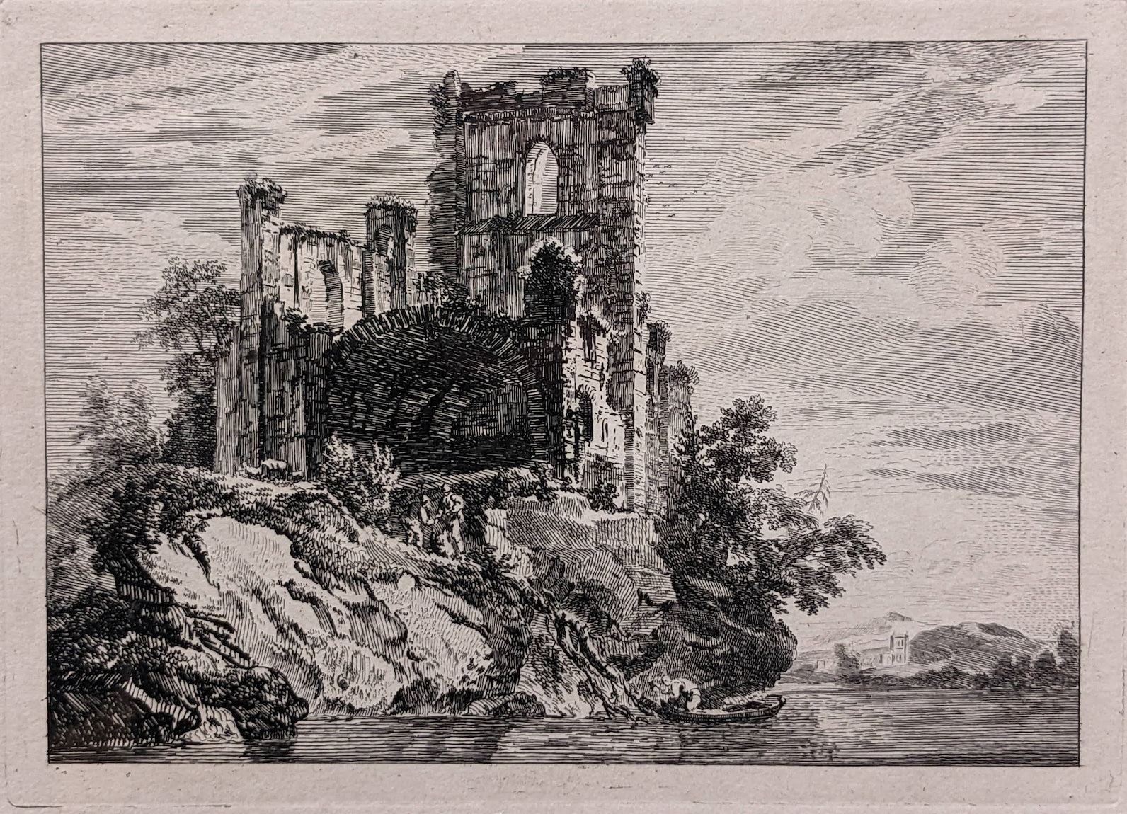 Paul Sandby, Ruins by a river with a man in a boat, 1758