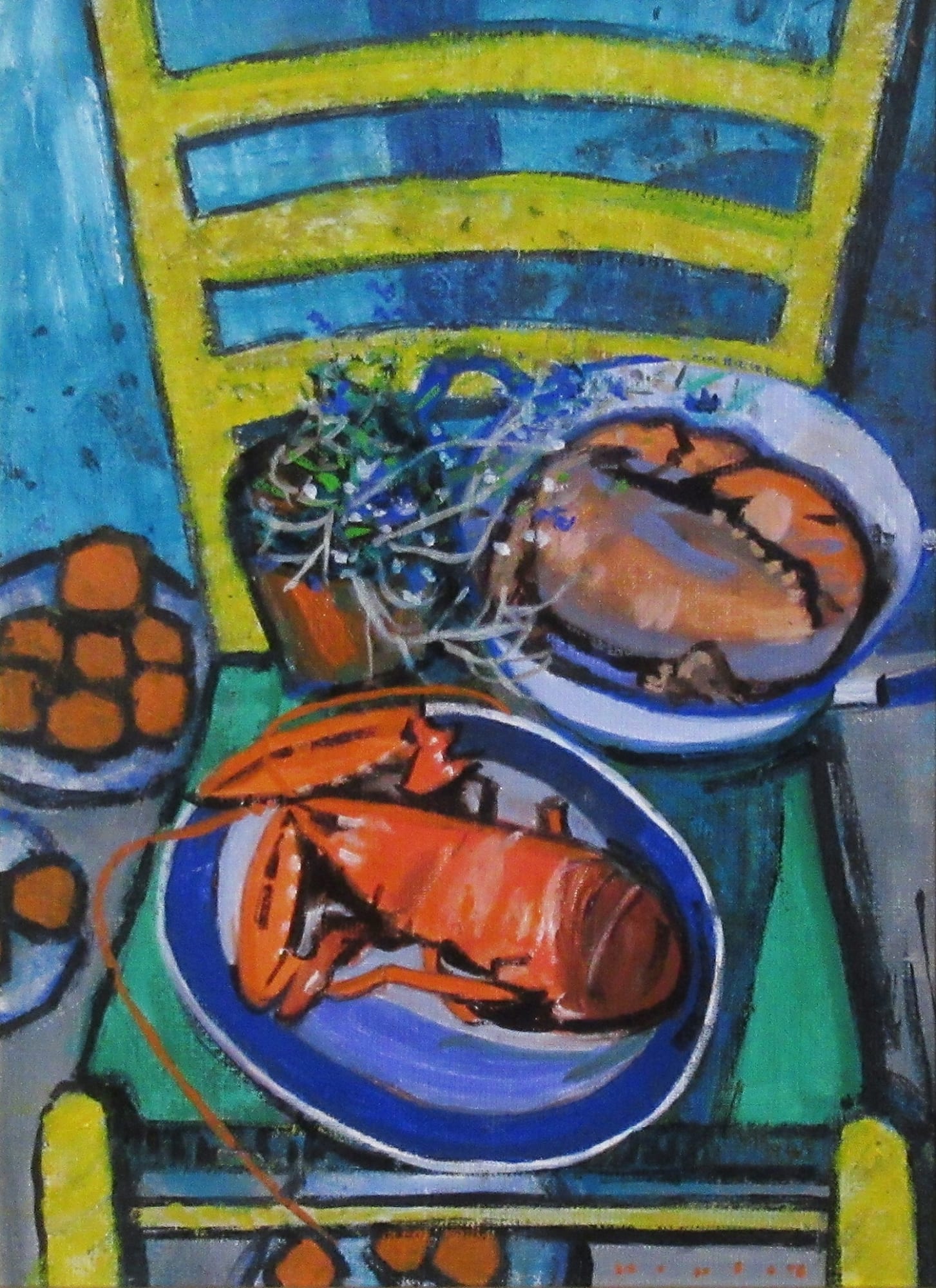 Mike Healey, Yellow Studio Chair, Lobster Still Life with Crab and Lobelia