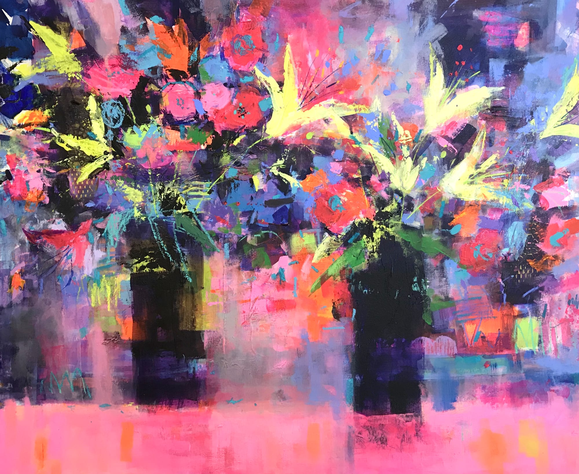 Soraya French, YELLOW LILIES ON PINK