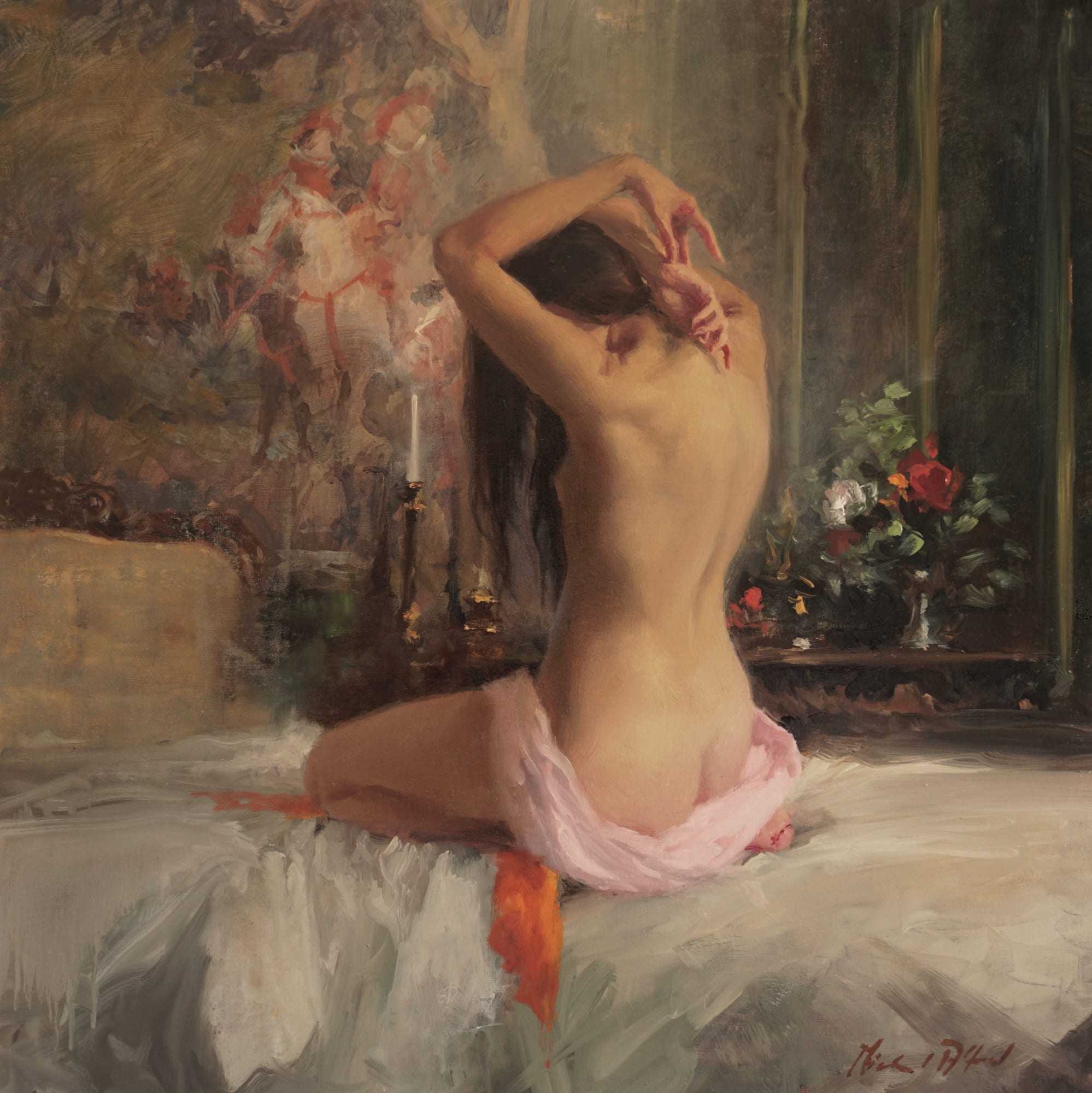 Michael Alford, KNEELING NUDE, HUNT TAPESTRY AND FLOWERS