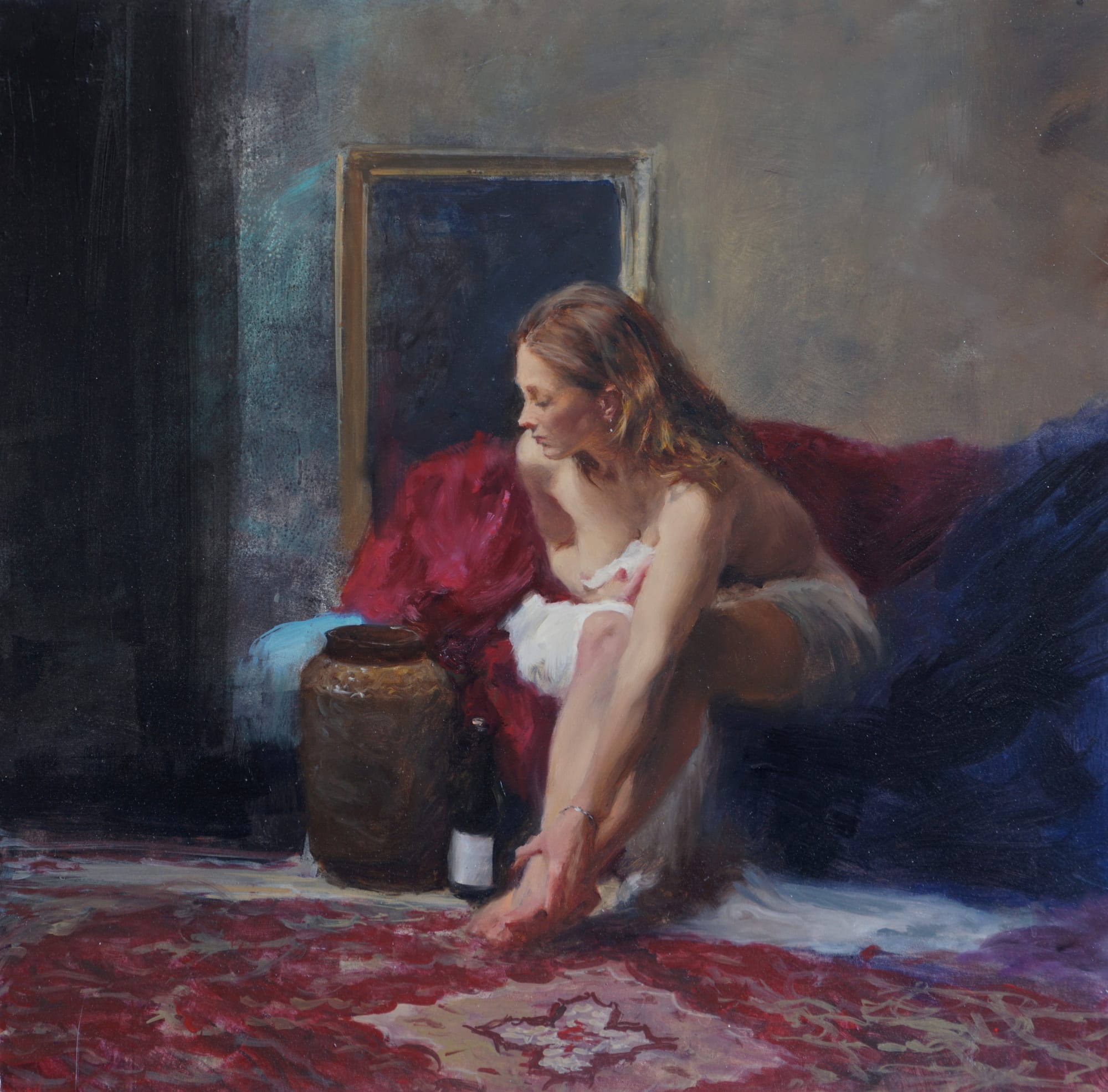 Michael Alford, SEATED NUDE (PERSIAN RUG AND BRONZE URN)