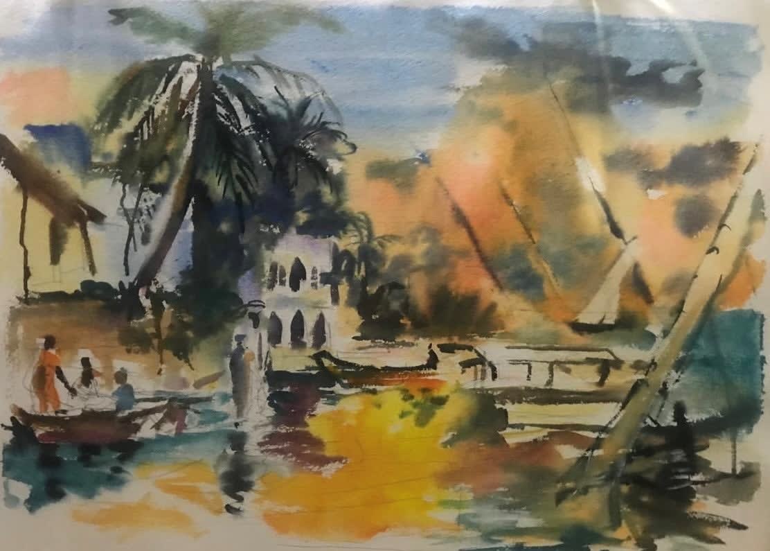 Sophie Walbeoffe, PAINTING AT DUSK OVER SHELLA, LAMU ISLAND