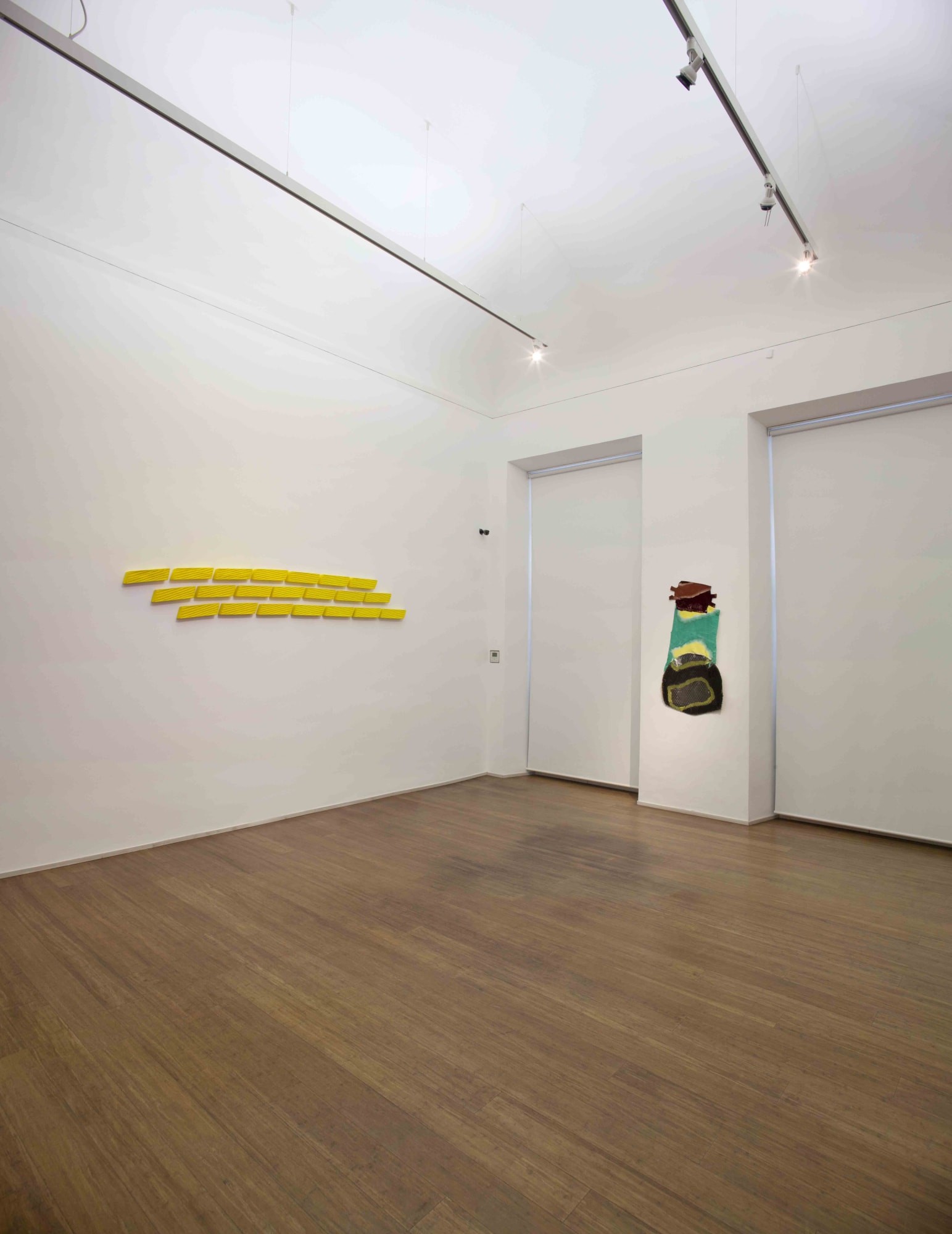 Erbern - Pinelli - Viallat: La pittura in sé - The painting itself – ABC-ARTE Contemporary art Gallery – 2015 Pino Pinelli, Pittura G 21 elementi, 2007, 9 x 33 cm - 3 1/2 x 13 in, tecnica mista Claude Viallat, 003, 2010, 60 x 114 cm - 23 5/8 x 44 7/8 in, acrilico su tessuto