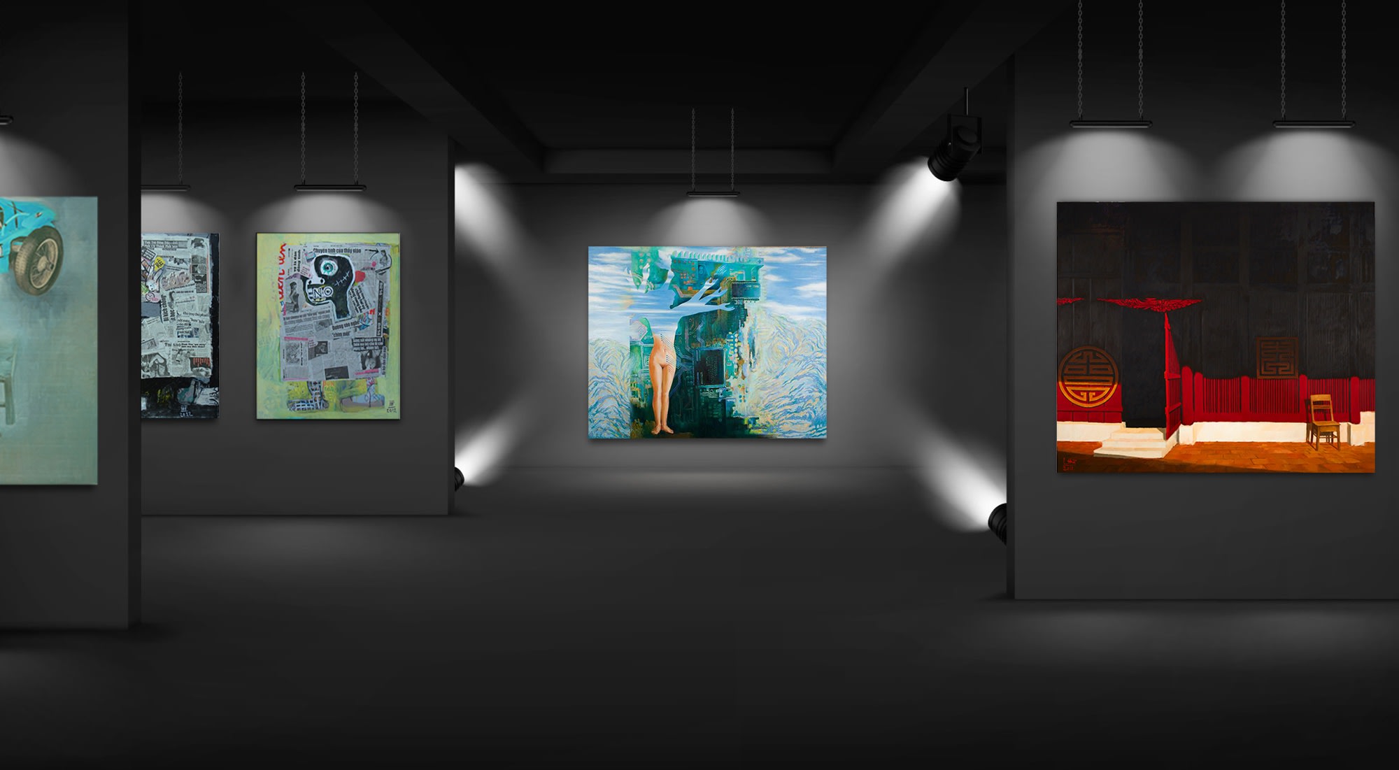 Artworks in a grey walled gallery