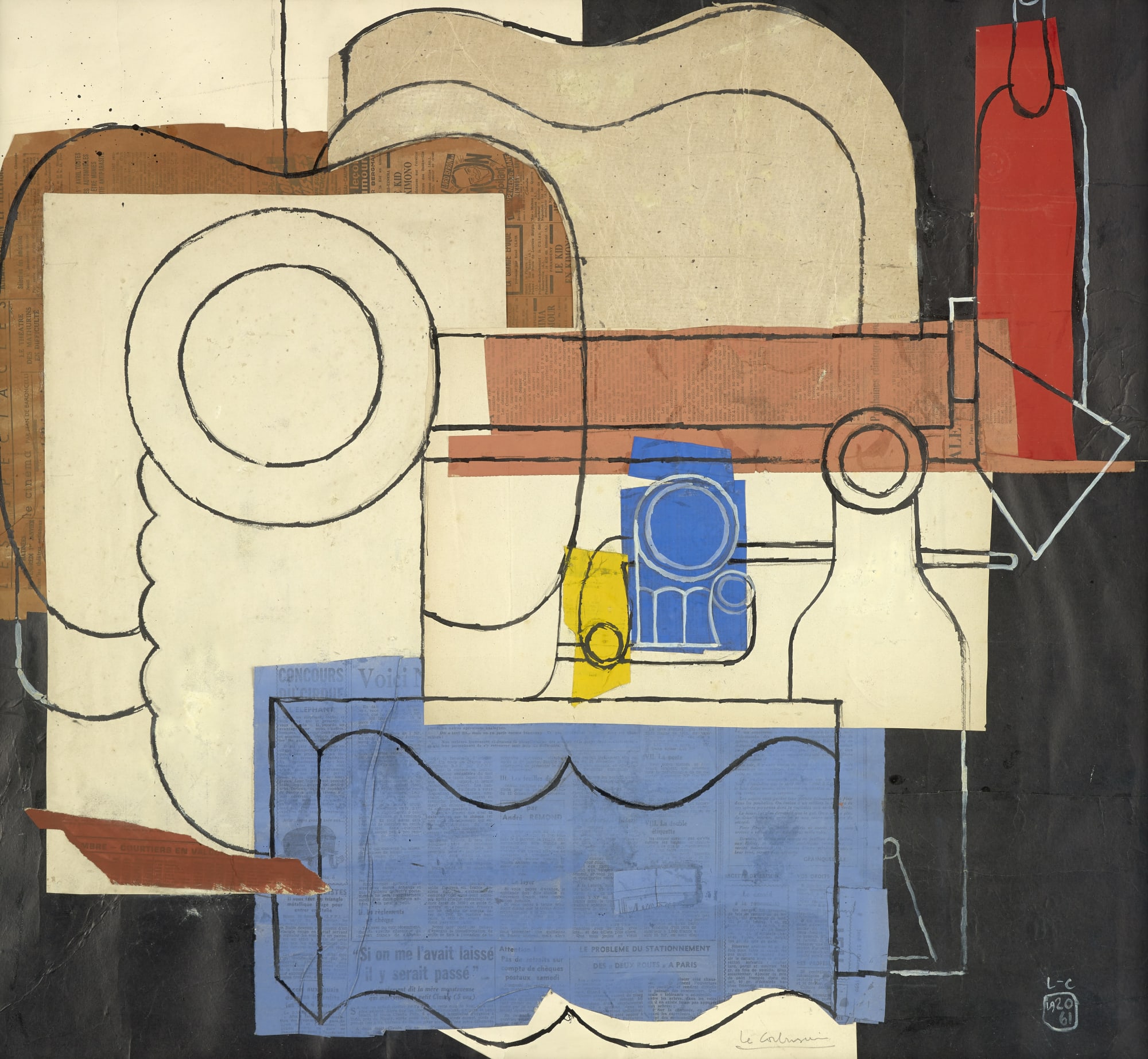Le Corbusier (1887-1965) Still life with guitar, pile of plates, an open book, pipes, bottles and glasses 1961 Collage, gouache and ink on paper 74 x 81 cm Monogrammed and dated lower right: ‘L-C / 1920 / 61’