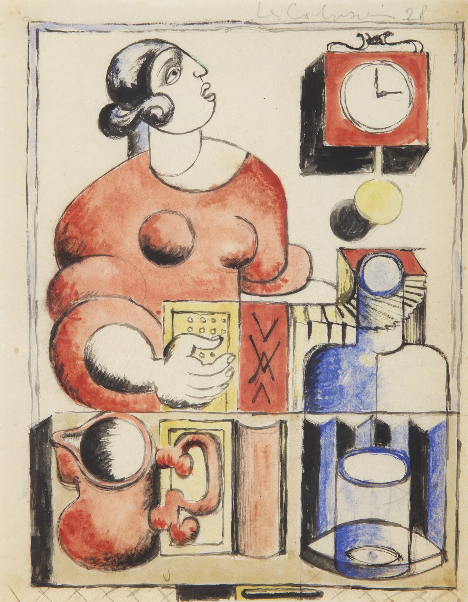 LE CORBUSIER Accordionist and still life 1928 Gouache and watercolor on paper 27 x 21 cm Signed and dated on the top right: Le Corbusier / 28