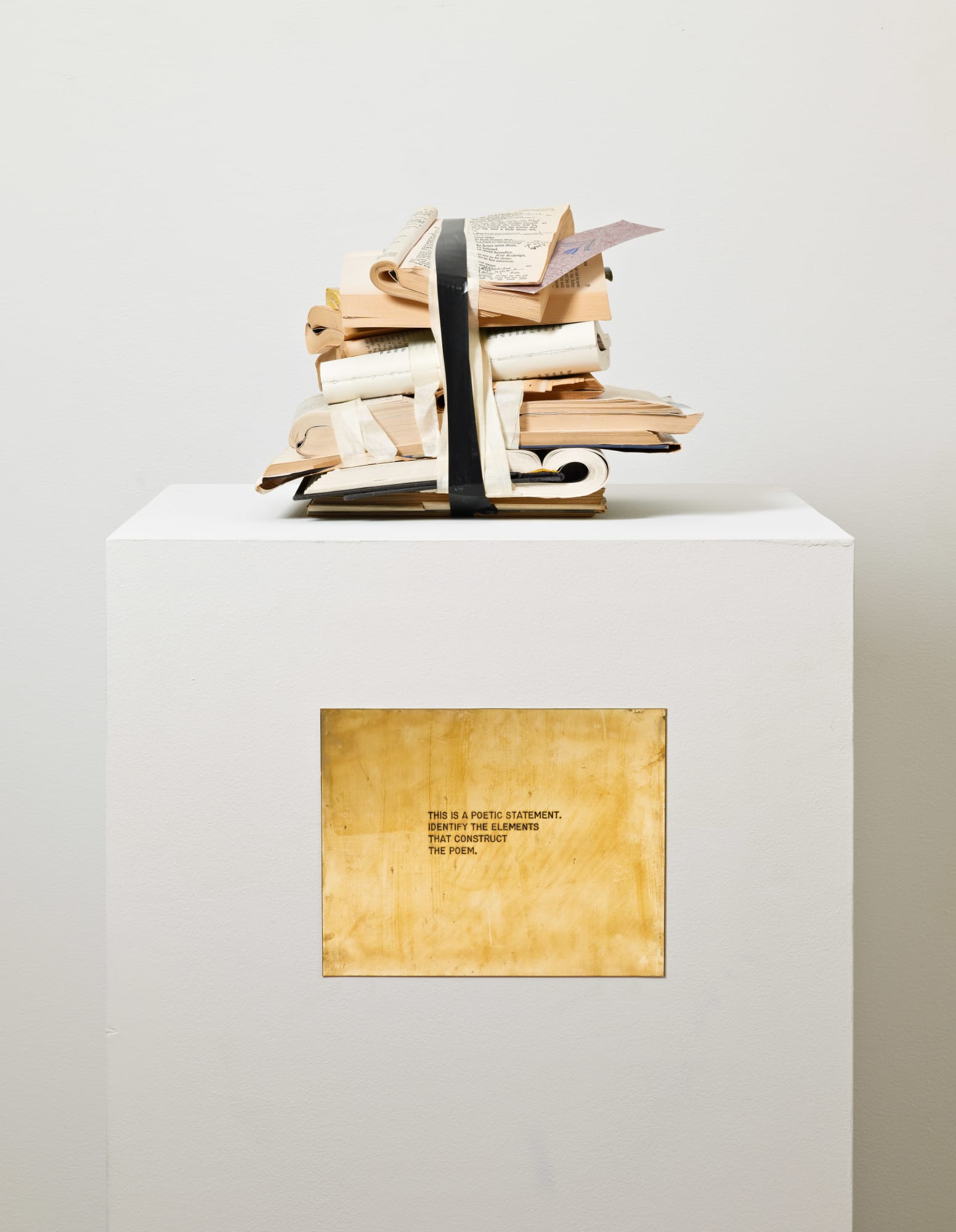 Luis Camnitzer This is a poetic statement. Identify the elements that construct the poem. From the series "The Assignment Books", 2011 Brass plaque with mixed media Dimensions variable Collection of Bowdoin College Museum of Art