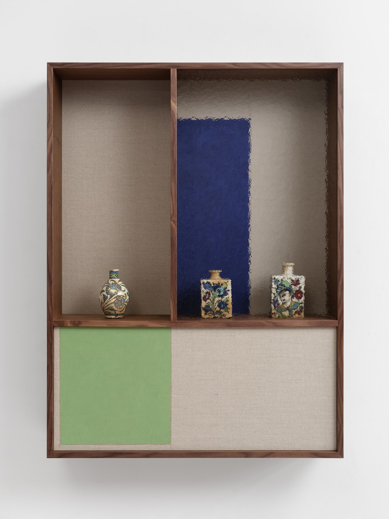 Domestic Composition (Biruni/Andraruni), 2022 Wood, glass, oil and pencil on linen, and ceramic objects 48 x 36 x 8 in (116.8 x 91.4 x 20.3 cm)
