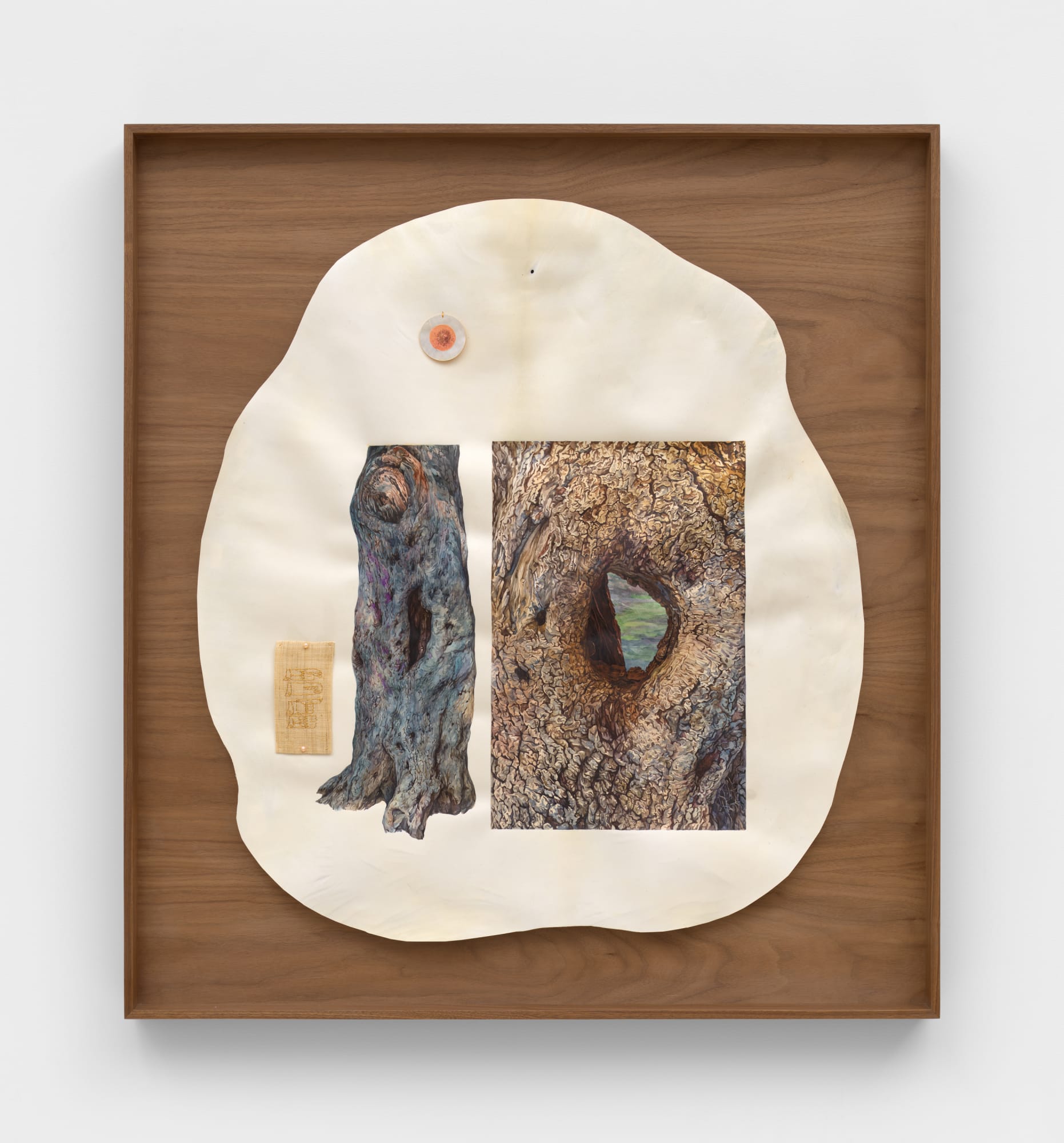 Kang Seung Lee Untitled (Hole), 2024 Watercolor, acrylic, mother of pearl button, pearls, antique 24K gold thread, and Sambe on goatskin parchment 32 1/4 x 28 3/4 in (81.9 x 73 cm)