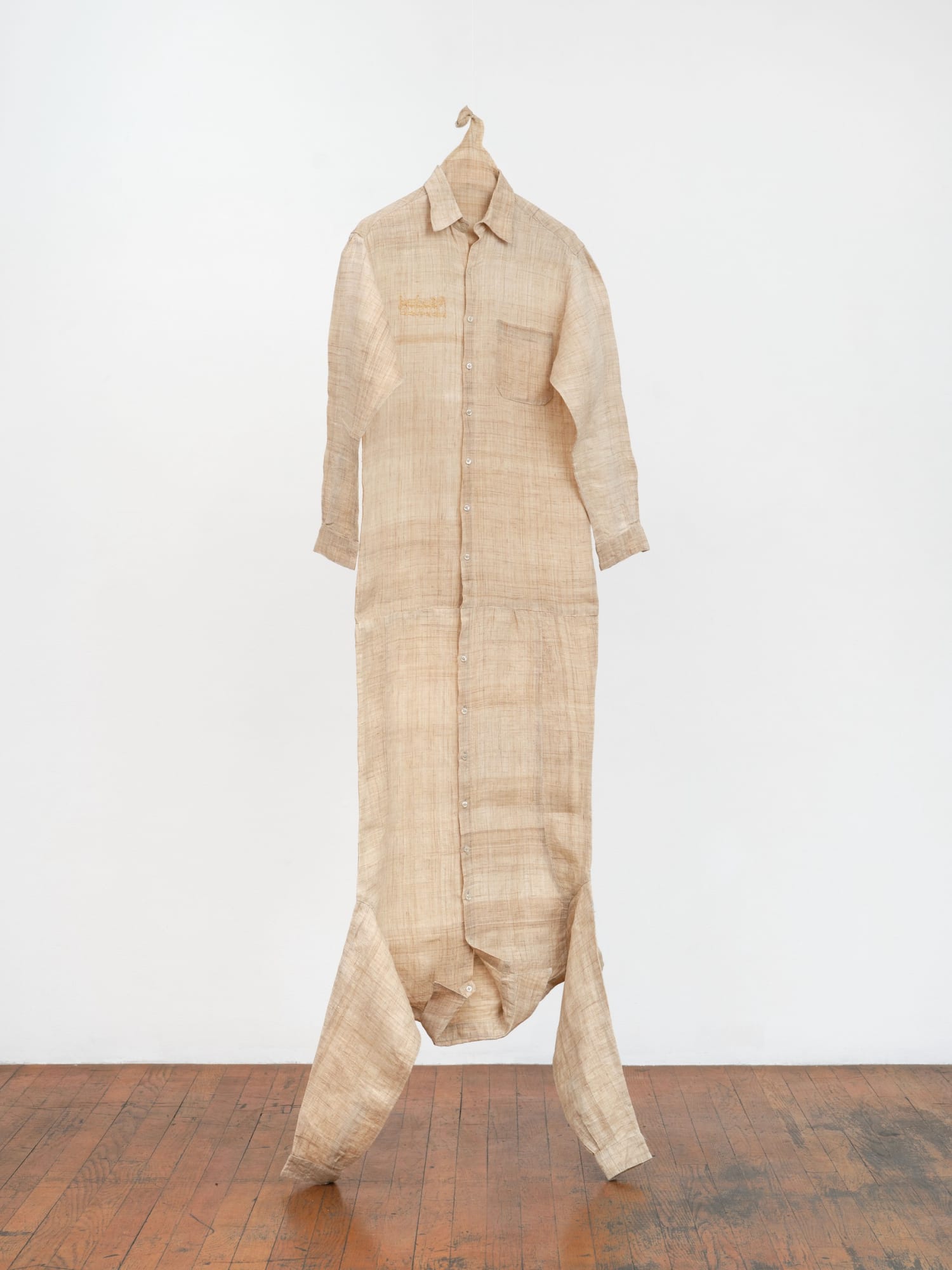 Kang Seung Lee Untitled (Lázaro, Jose Leonilson, 1993), 2023 Sambe, antique 24K gold thread, and coat hanger 75 x 27 x 3 in (191 x 69 x 8 cm) Collection of the National Museum of Modern and Contemporary Art, Korea