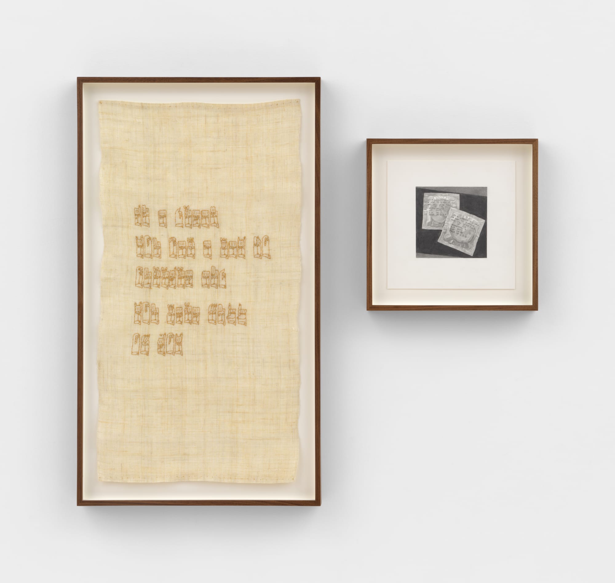 Kang Seung Lee Untitled (In a dream you saw a way to survive and you were full of joy, Jenny Holzer), 2024 Antique 24K gold thread on Sambe and graphite on paper in 2 parts Part 1: 27 x 14 1/2 in (68.6 x 36.8 cm) 30 x 17 1/4 x 1 5/8 in framed (76.2 x 43.8 x 4.1 cm framed) Part 2: 9 x 9 in (22.9 x 22.9 cm) 12 x 12 x 1 5/8 in framed (30.5 x 30.5 x 4.1 cm framed) Private Collection