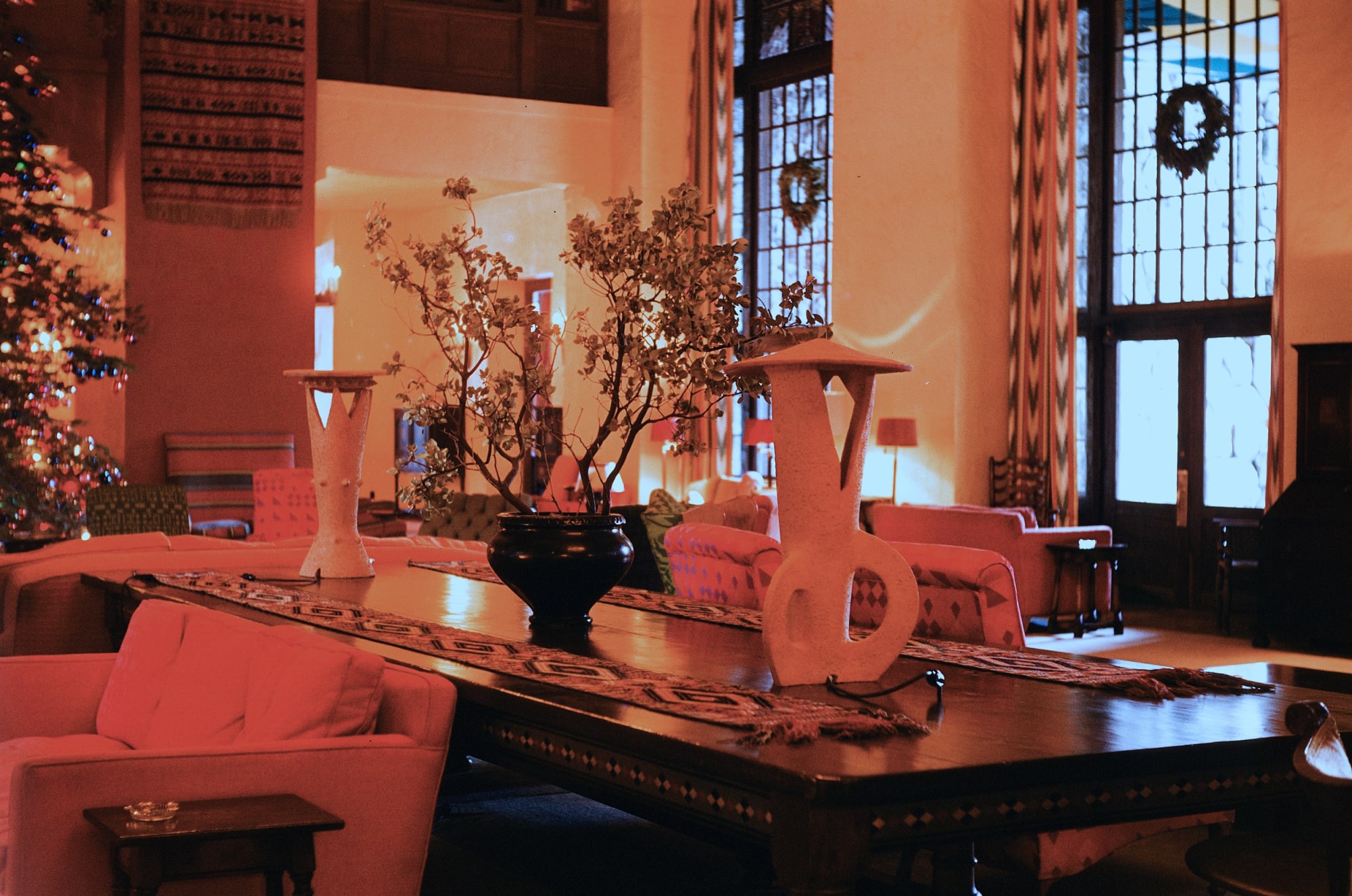 Terracotta lamps by Adaline Kent at The Ahwahnee Hotel at Yosemite National Park, California, c. 1955.