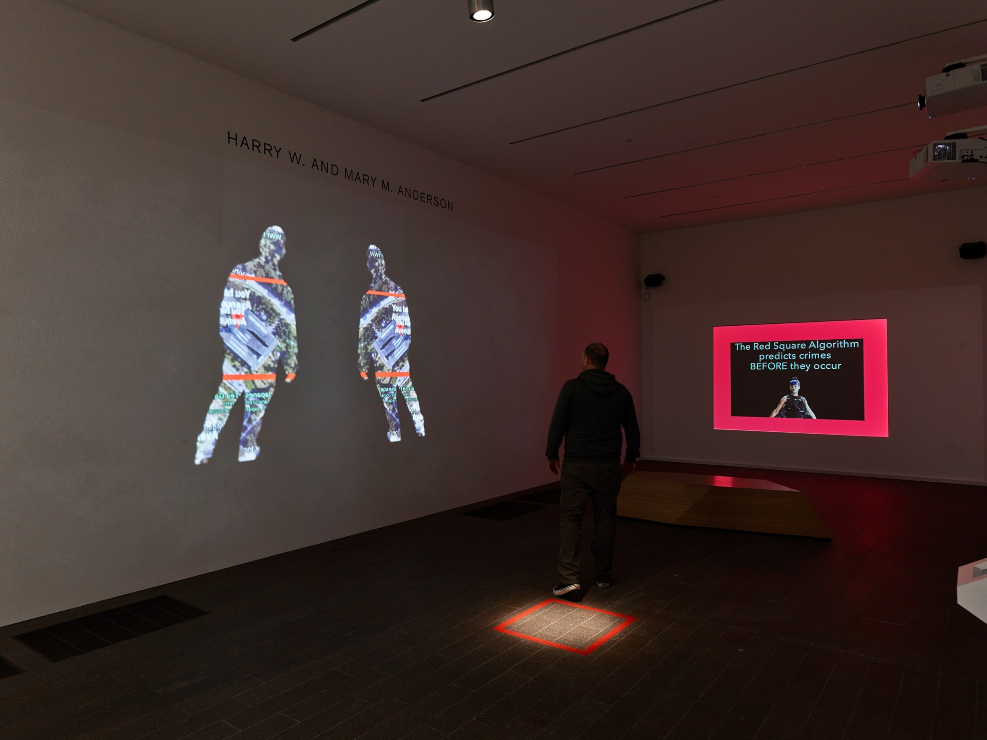 Lynn Hershman Leeson Shadow Stalker, 2019 HD video (color, sound) 10 minutes Installation view Uncanny Valley: Being Human in the Age of AI, 2020 de Young Museum, San Francisco Photography by Gary Sexton