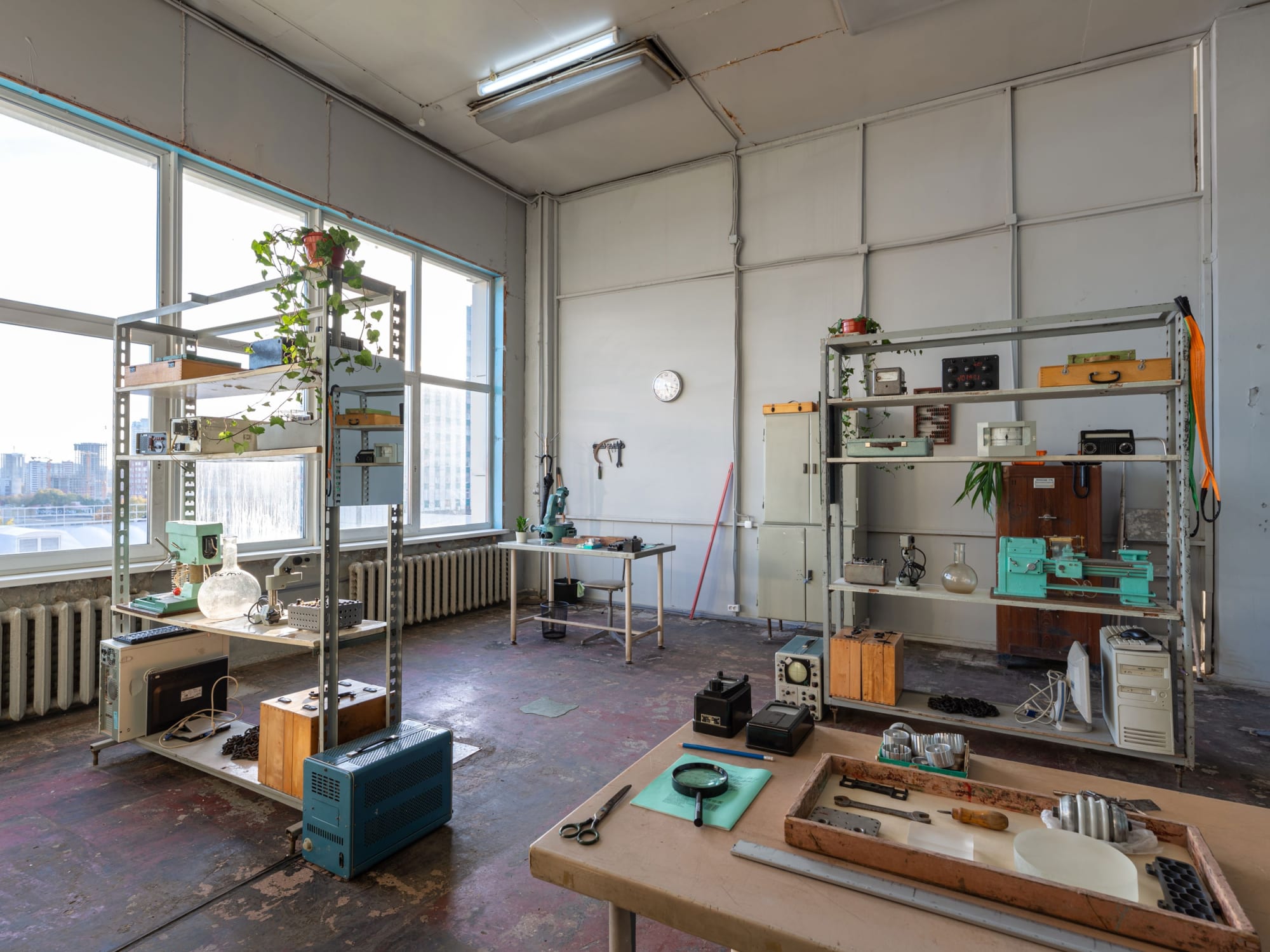 Zarouhie Abdalian and Joseph Rosenzweig Rhymes and Reckonings (for Sverdlovsk and Yekaterinburg), 2019 Fixtures, tools, motors, electronics, and text Dimensions variable Installation view 5th Ural Industrial Biennial, 2019 Curated by Xiaoyu Weng Ekaterinburg, Russia