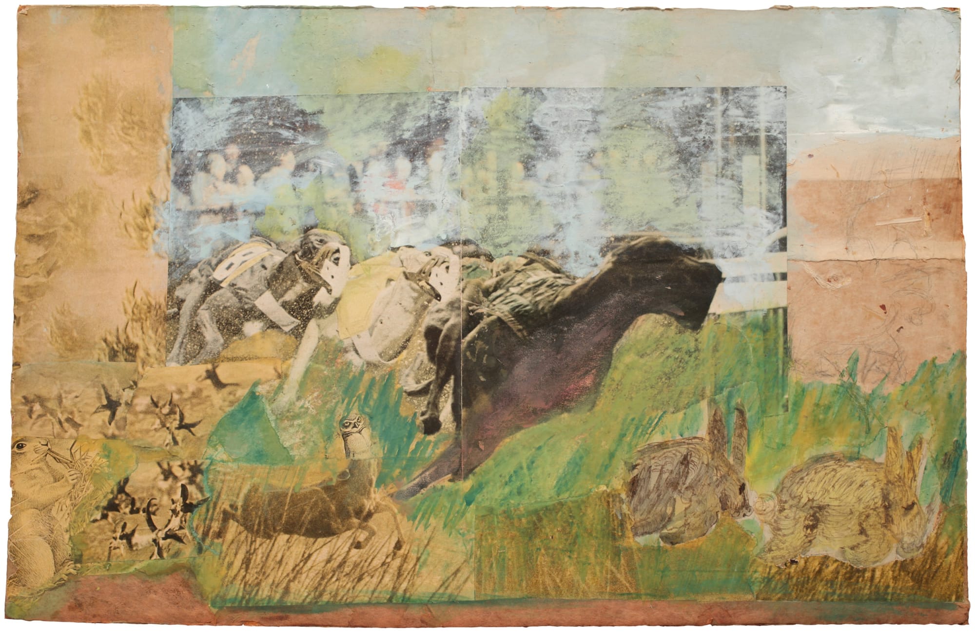 Fran Herndon Catch Me If You Can, 1962 Collage on masonite 15 1/2 x 23 3/4 in 39.37 x 60.33 cm