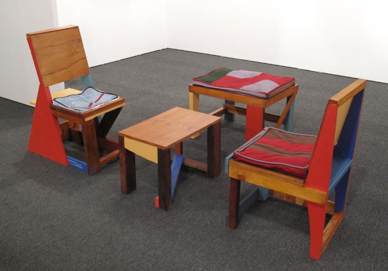 Chris Johanson Untitled (Furniture Set), 2014 Found wood, acrylic, fabric; five pieces Dimensions variable