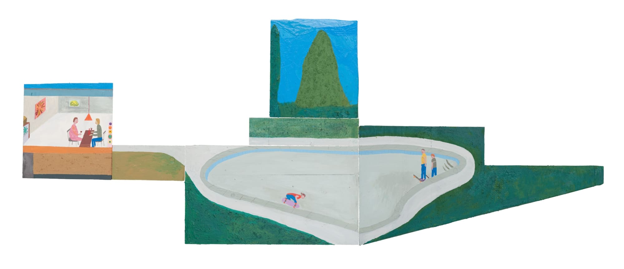 Chris Johanson California Skate, 2010 Acrylic and latex paint on wood 34 1/2 x 90 1/2 in 87.63 x 229.87 cm