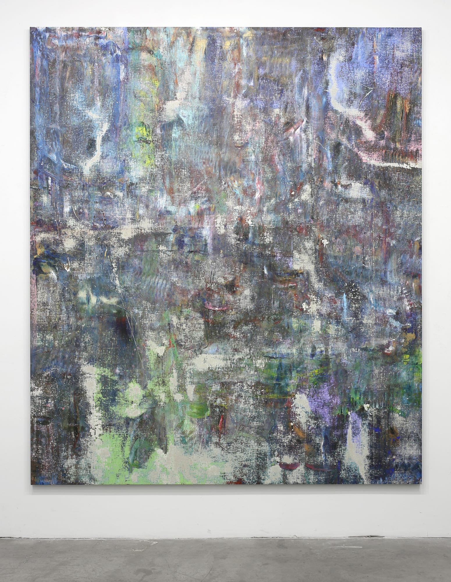 Liam Everett Untitled (Prekmurje), 2014 Acrylic, enamel, alcohol, and salt on oil primed linen 90 x 77 in 228.6 x 195.6 cm