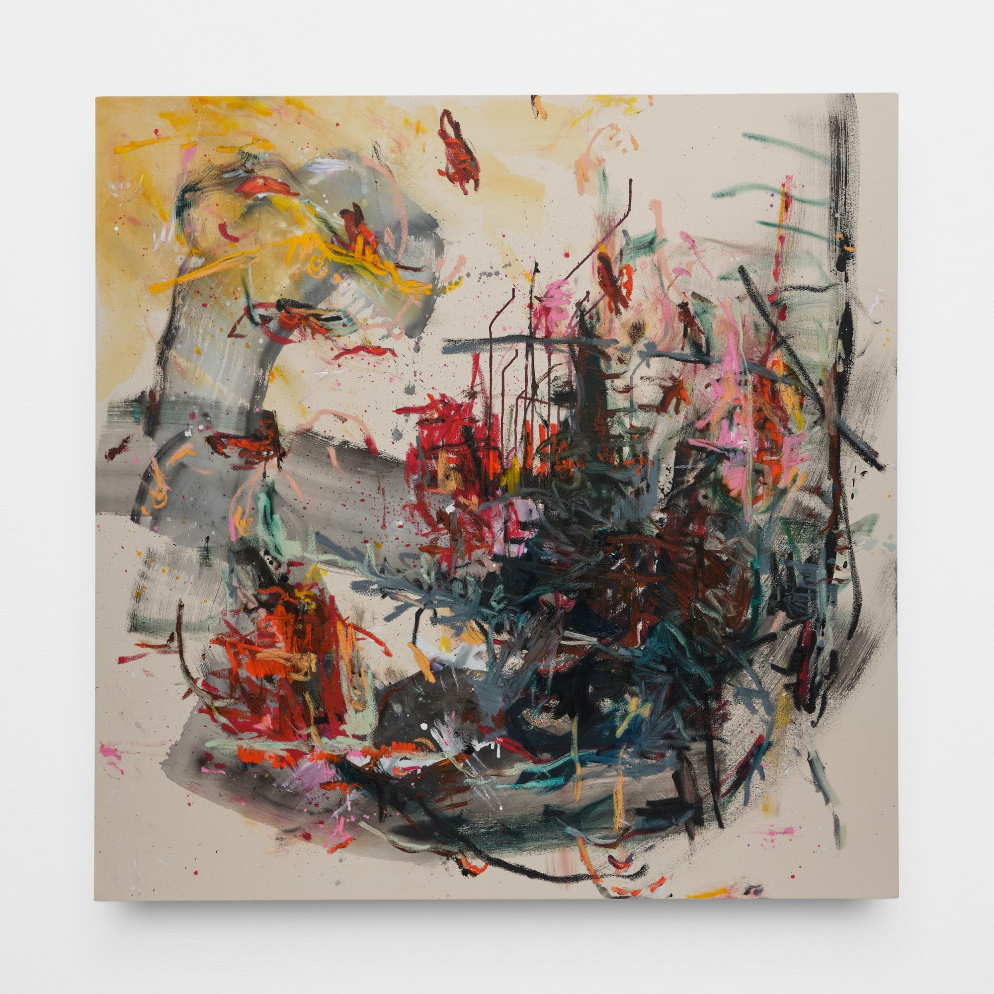 Hiba Kalache this morning I killed a fly had I been a State I would have destroyed a city, 2022 Acrylic ink, oil and oil bar on canvas 65 x 65 in 165.1 x 165.1 cm