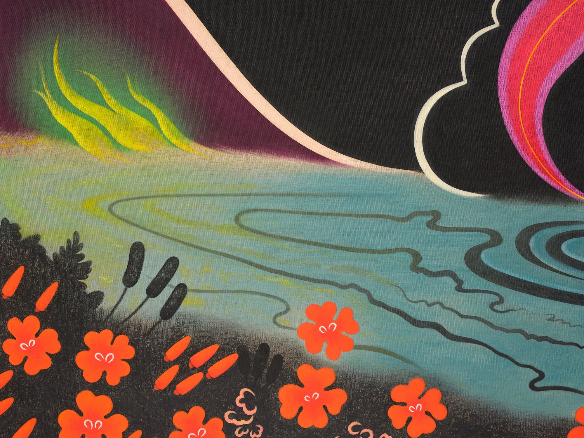 Koak California Landscape #2 (detail), 2023 Flashe, acrylic, and charcoal from the California fires on linen 70 x 104 in 177.8 x 264.2 cm