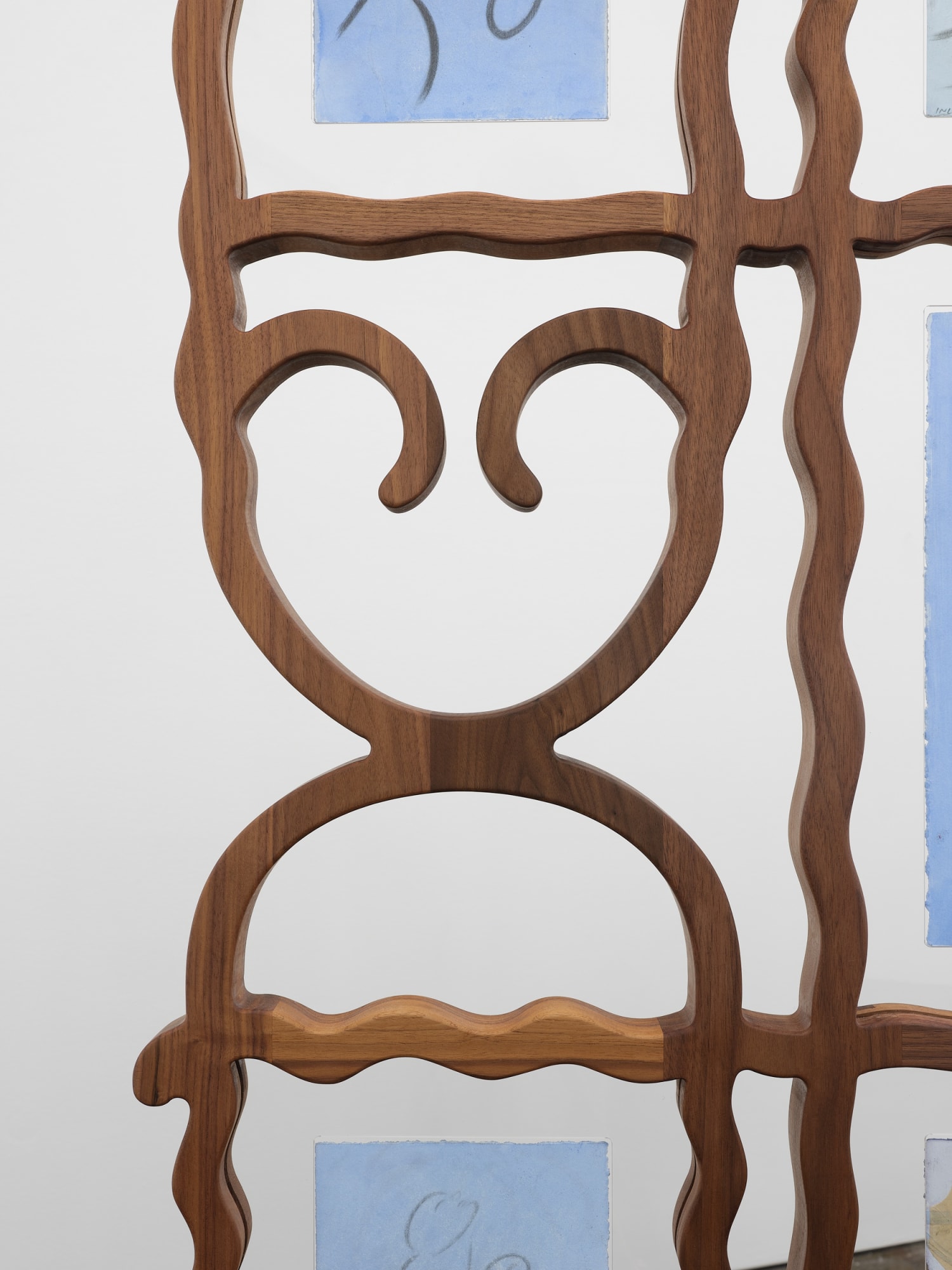 Koak Modesty (detail), 2023 Solid walnut, optium, plexiglass, metal hardware, enamel paint, and drawings on rag paper dyed with acrylic ink drawn in graphite, charcoal, chalk, ink and casein 82 x 75 x 23 in 208.3 x 190.5 x 58.4 cm