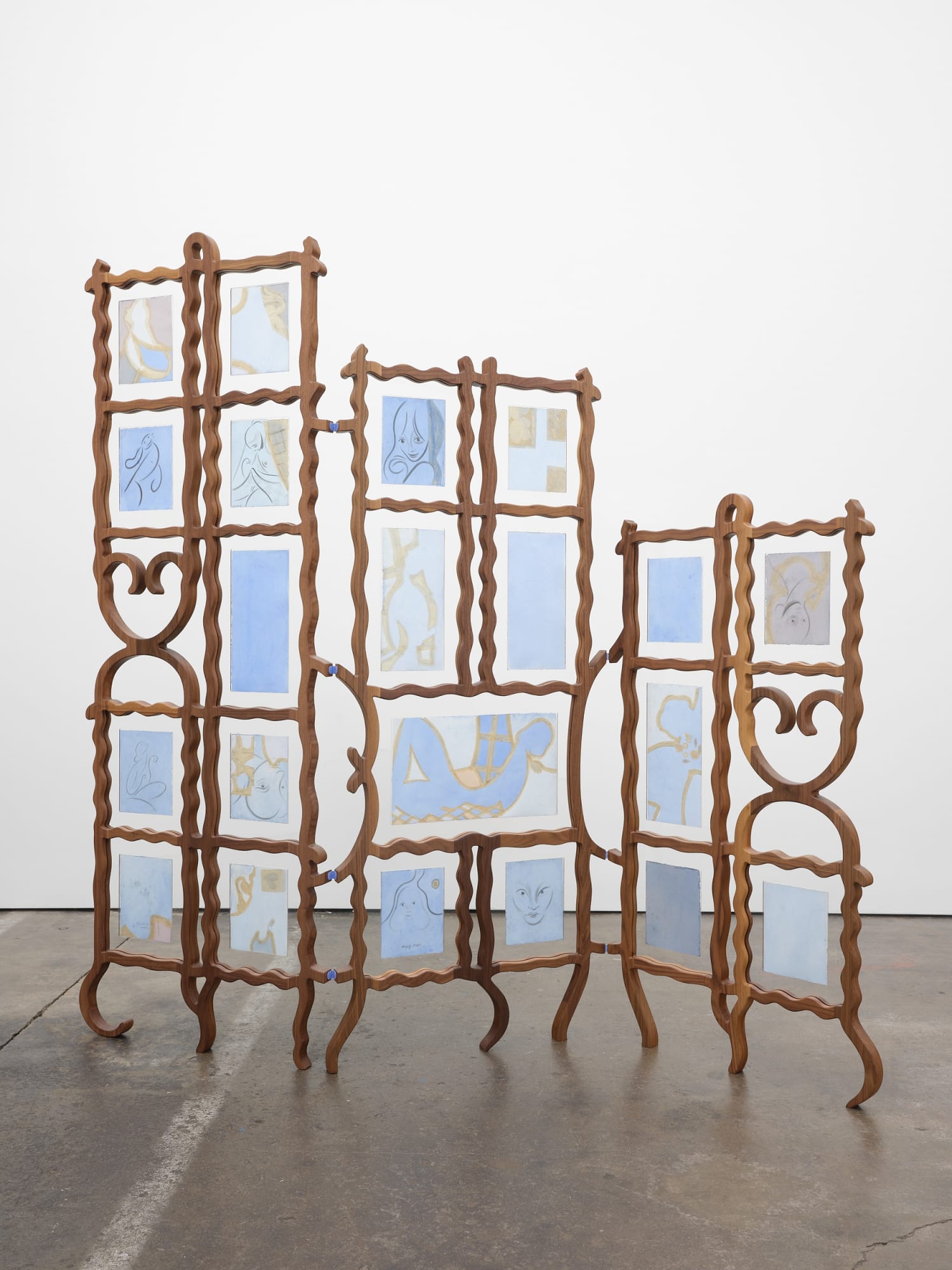 Koak Modesty, 2023 Solid walnut, optium, plexiglass, metal hardware, enamel paint, and drawings on rag paper dyed with acrylic ink drawn in graphite, charcoal, chalk, ink and casein 82 x 75 x 23 in 208.3 x 190.5 x 58.4 cm