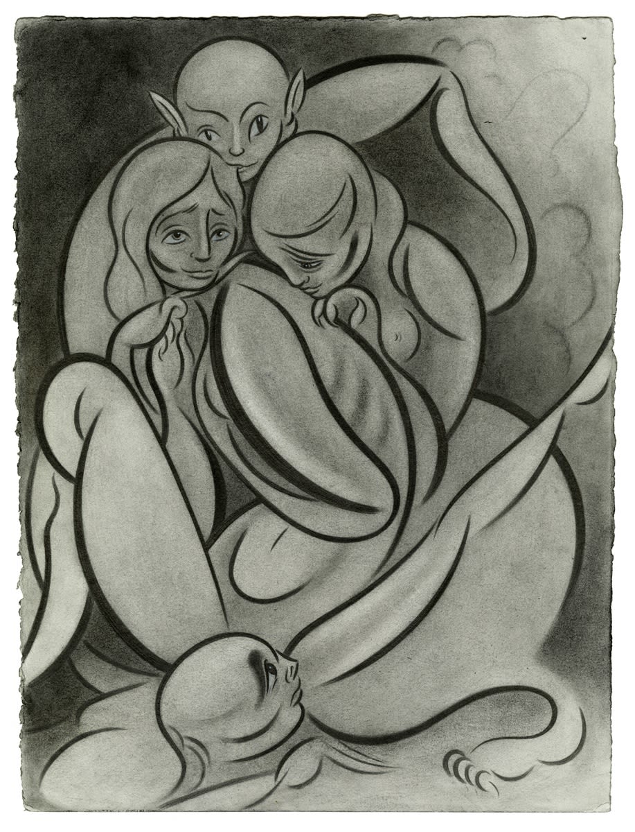 Koak Of Together, 2020 Signed and dated on verso Graphite, charcoal, ink, and casein on stone grey rag paper 15 x 11 in 38.1 x 27.9 cm