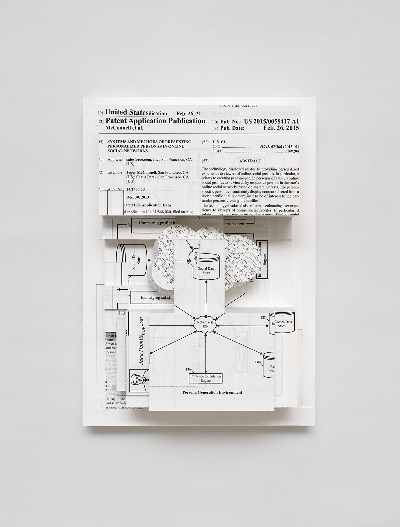 Simon Denny Document Relief 14 (Salesforce.com, inc patent: SYSTEMS AND METHODS OF PRESENTING PERSONALIZED PERSONAS IN ONLINE SOCIAL NETWORKS), 2019 Ink Jet Print on Archival Paper, Glue, Custom metal wall mount 11 3/4 x 8 1/4 x 5 1/2 in 29.7 x 21 x 14 cm