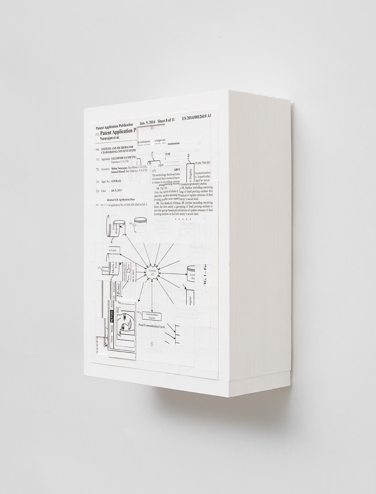 Simon Denny Document Relief 15 (Salesforce.com, inc patent: SYSTEMS AND METHODS FOR CUSTOMIZING CONTENT FEEDS), 2019 Ink Jet Print on Archival Paper, Glue, Custom metal wall mount 11 3/4 x 8 1/4 x 4 1/8 in 29.7 x 21 x 10.5 cm