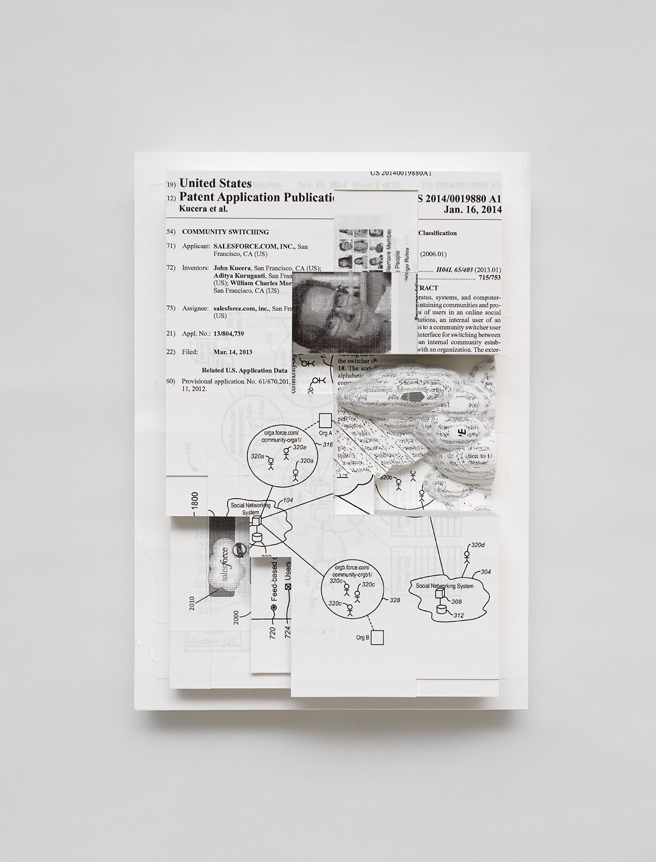 Simon Denny Document Relief 16 (Salesforce.com, inc patent: COMMUNITY SWITCHING), 2019 Ink Jet Print on Archival Paper, Glue, Custom metal wall mount 11 3/4 x 8 1/4 x 4 1/8 in 29.7 x 21 x 10.5 cm