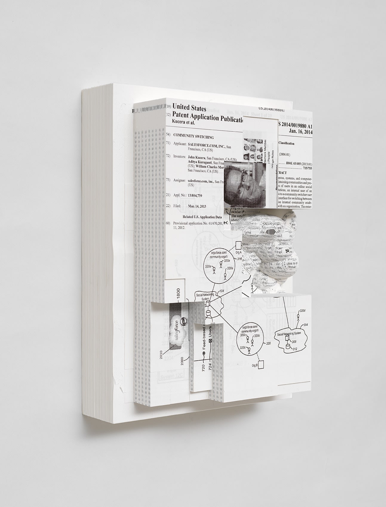 Simon Denny Document Relief 16 (Salesforce.com, inc patent: COMMUNITY SWITCHING), 2019 Ink Jet Print on Archival Paper, Glue, Custom metal wall mount 11 3/4 x 8 1/4 x 4 1/8 in 29.7 x 21 x 10.5 cm