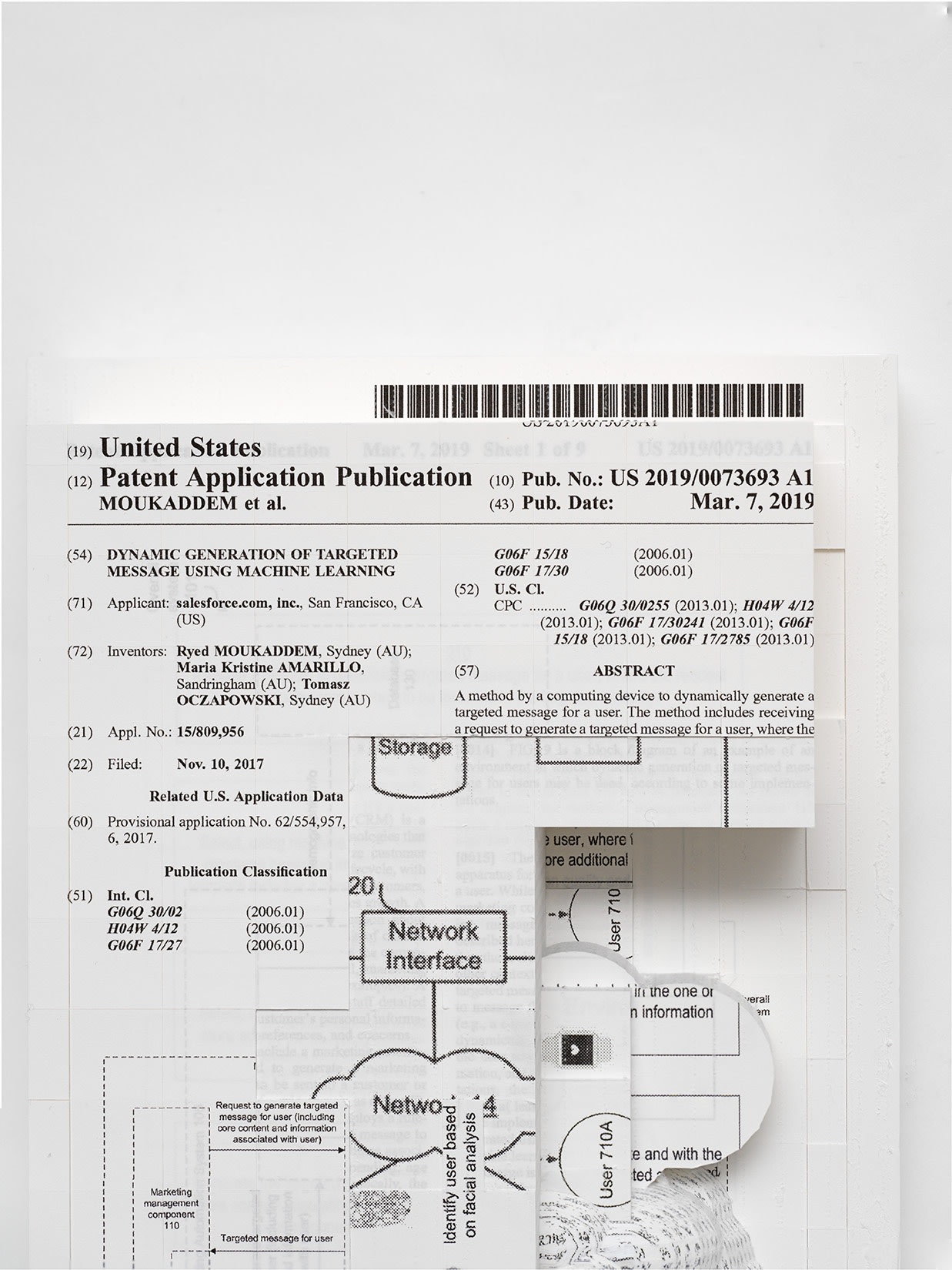 Simon Denny Document Relief 17 (Salesforce.com, inc patent: DYNAMIC GENERATION OF TARGETED MESSAGE USING MACHINE LEARNING) (detail), 2019 Ink Jet Print on Archival Paper, Glue, Custom metal wall mount 11 3/4 x 8 3/8 x 5 1/8 in 29.7 x 21.3 x 13 cm
