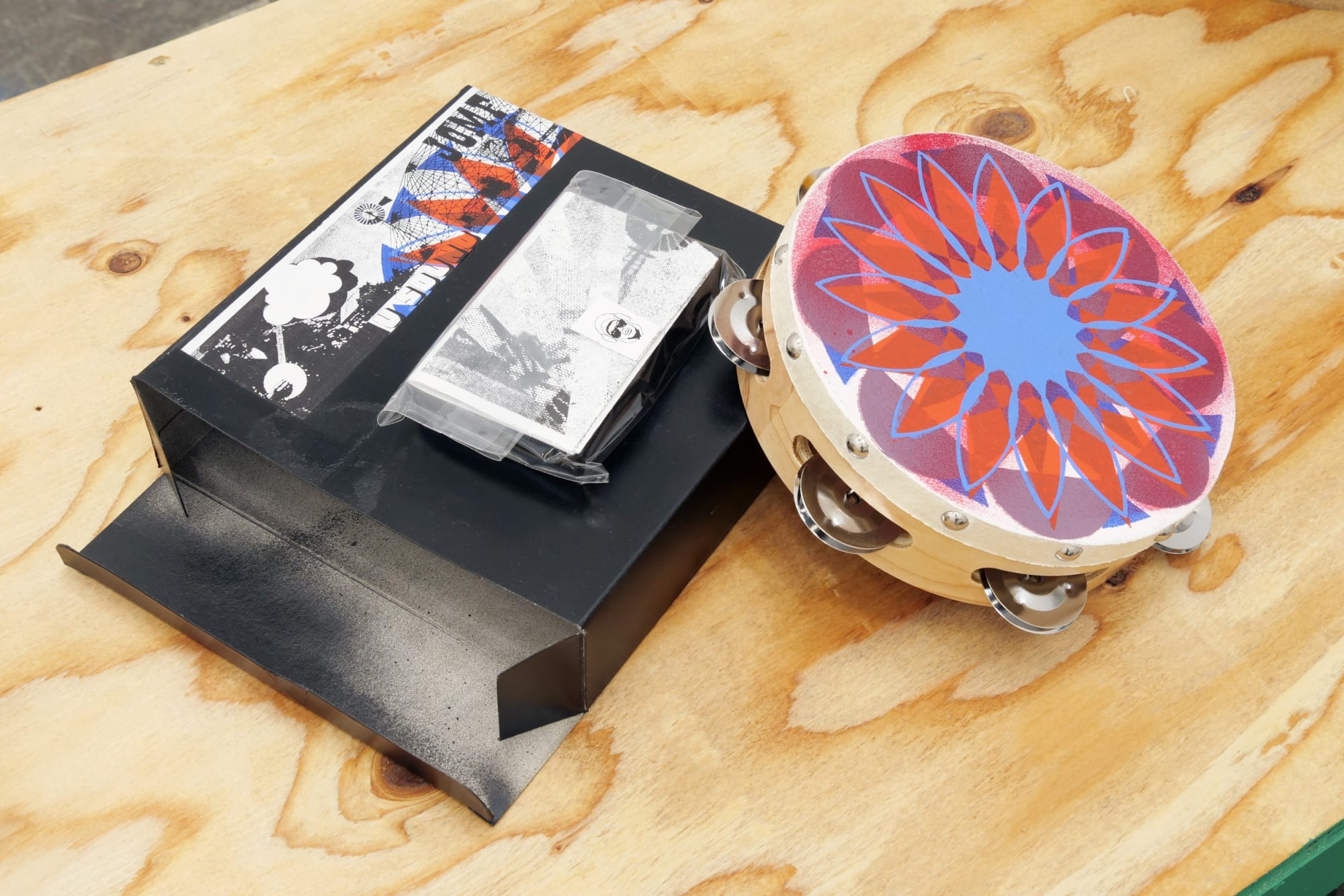 Tom Greenwood Play a Song for Me, 2008 Silkscreen print on tambourine, cassette tape, xerox 8 x 8 x 2 1/4 in 20.3 x 20.3 x 5.7 cm