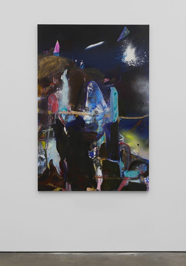 Liam Everett Untitled (a fourth coordinate to feel around it), 2017 Oil, acrylic, ink, alcohol, salt on vinyl 55 x 37 in 139.7 x 94 cm