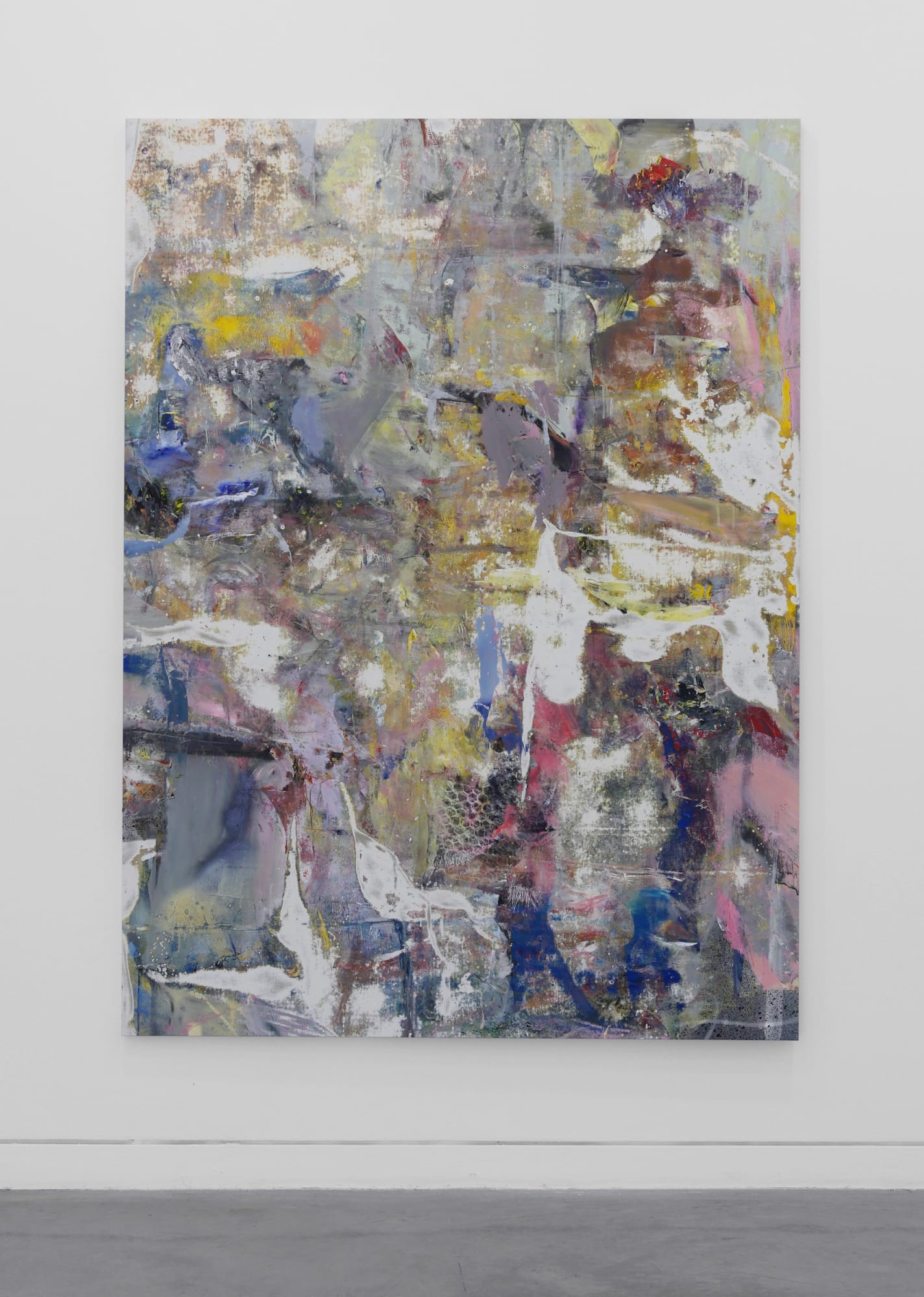 Liam Everett Untitled (Larnagol) , 2016 Oil, enamel, salt, and alcohol on vinyl 75 1/2 x 55 1/2 in 191.8 x 141 cm