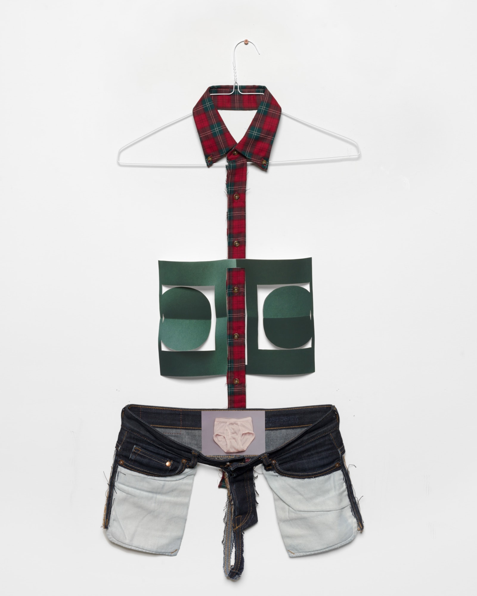 Matt Keegan Just My Size (Underwear), 2016 Artist's clothes, wire hanger, powder-coated screw, ink-jet print, mounted oil painting