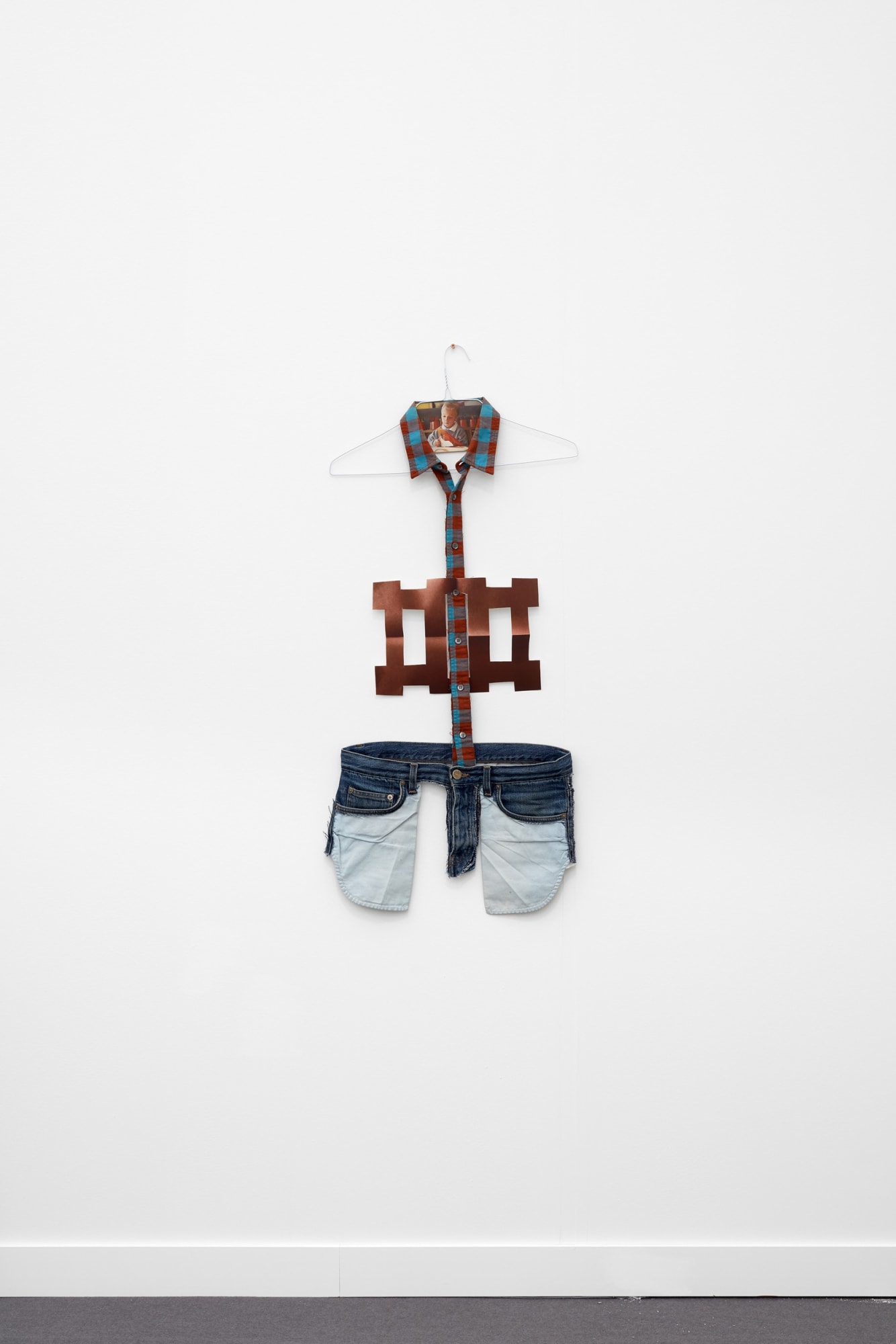 Matt Keegan Just My Size (Self-portrait), 2016 Artist's clothes, wire hanger, powder-coated screw, ink-jet print, mounted oil painting