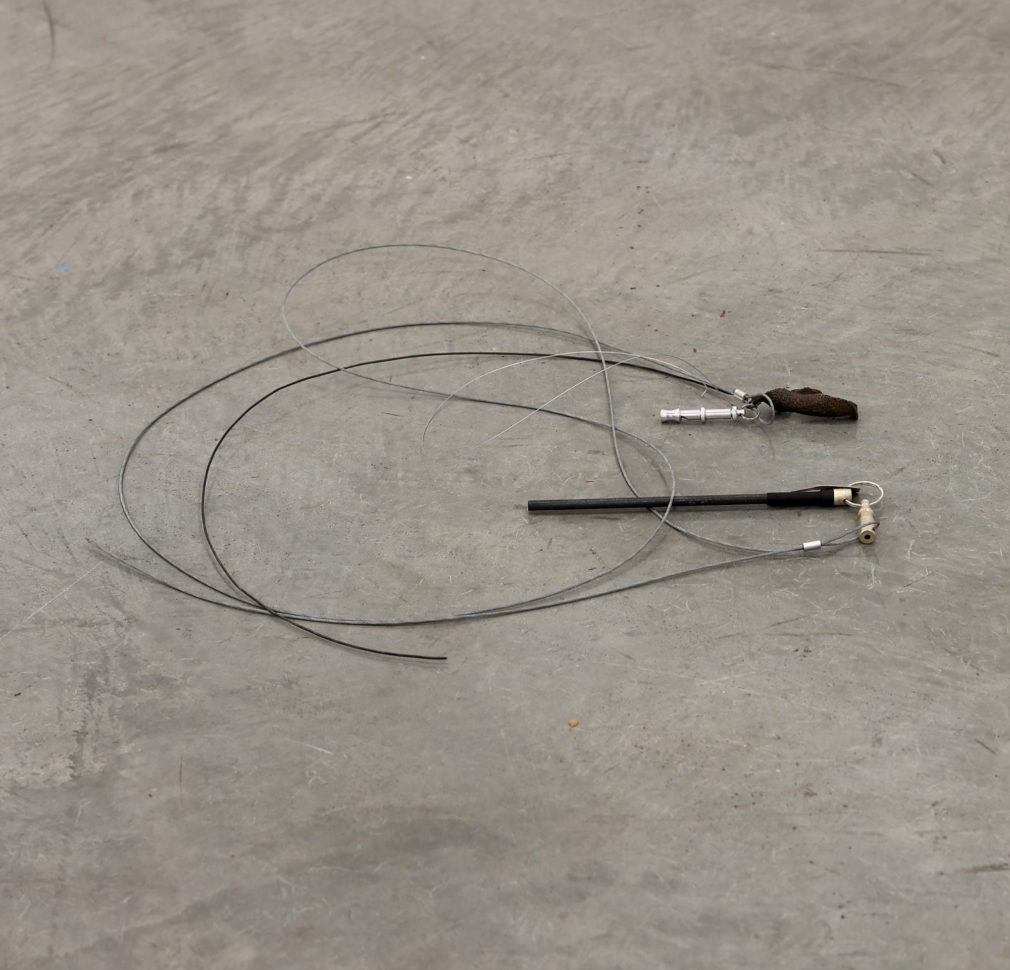 K.R.M. Mooney Circadian Tackle V, 2015 Boiled steel cable, k-9 whistle, steel cathode, cast silver orange peel and lavender, silver solder, liver of sulfur, steel wire, interlocking mechanism, aluminum 1 x 20 x 22 in 2.5 x 50.8 x 55.9 cm