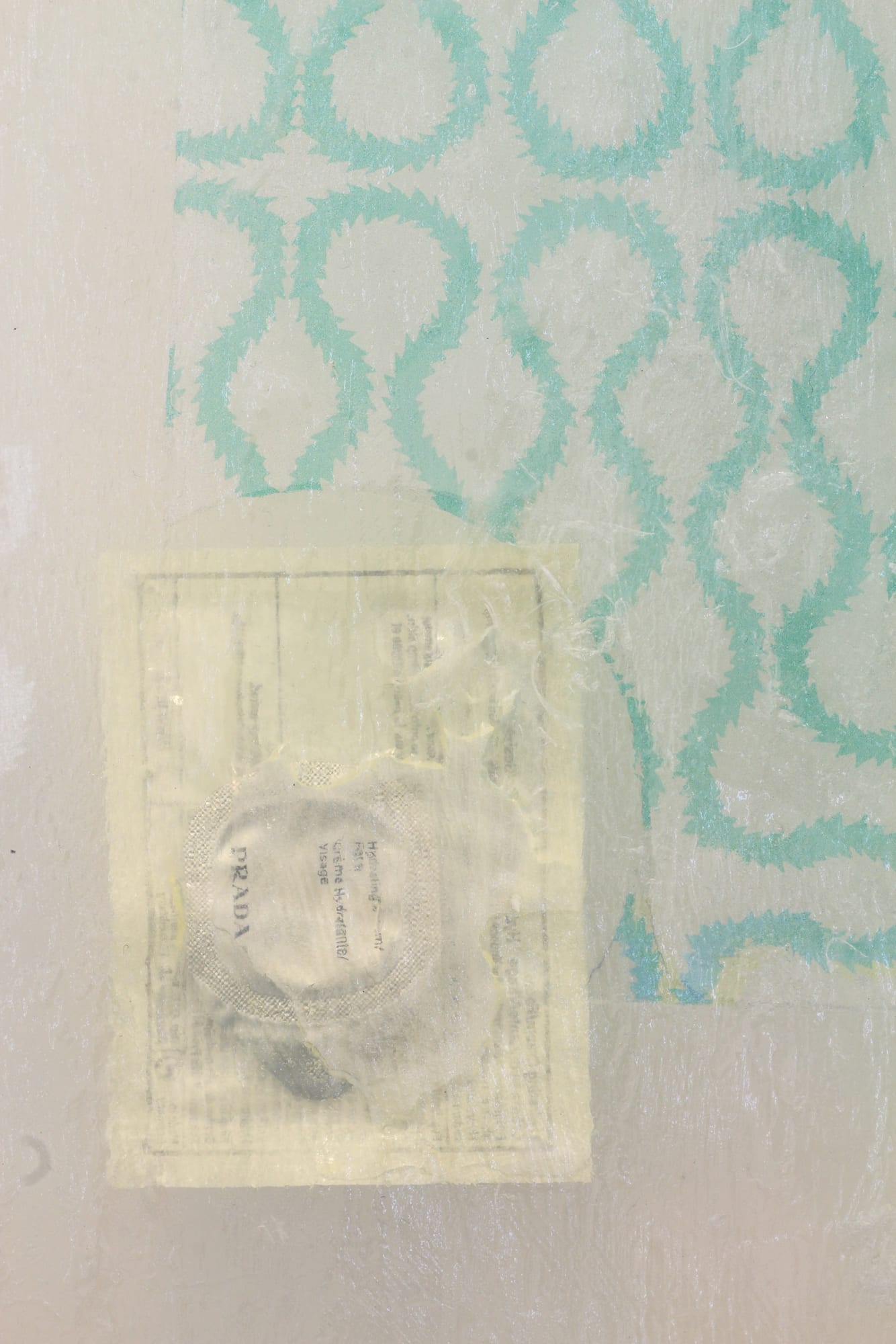 Anicka Yi Prada String Quartet No. 15 3/4 in A Minor, First Movement (detail), 2013 Glycerin soap, sodium silicate, desiccant bead, acrylic paint, acetate, plastic petri dish, Prada moisturizer package, teeth whitener, gum eraser, fish oil capsule, silicone insole, wax, clay, spray paint, aluminum frame 48 x 34 x 1 in 121.92 x 86.36 x 2.54 cm