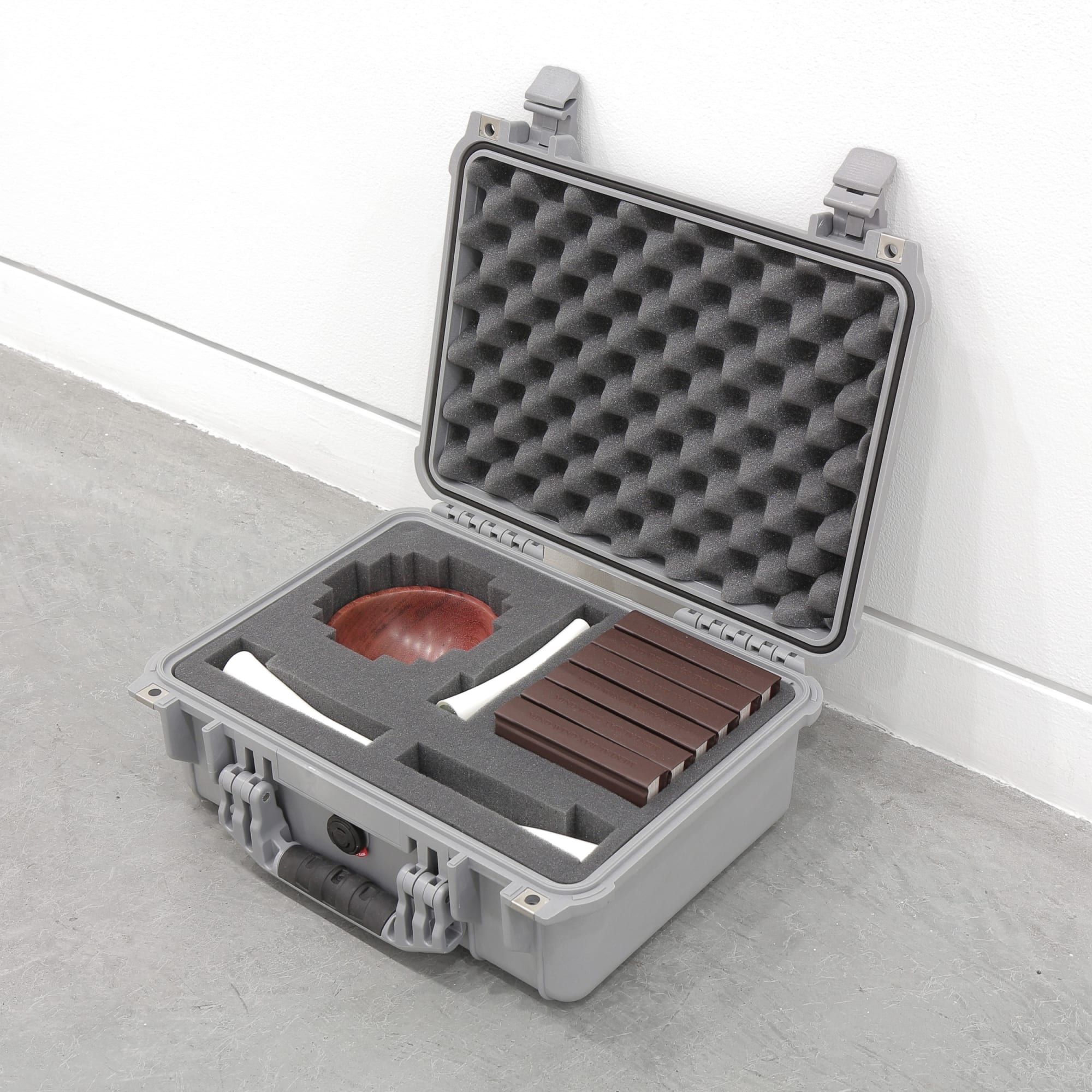 Aaron Flint Jamison Turbine, STL?, 2013 Purpleheart bowl - 5 3/4 x 5 3/4 x 2 1/2 in. Five 3D printed plastic "blades" with glass cabochons 2 x 1 1/2 x 6 in. Six MIND WIND MENTAL RAY books: case-bound, letterpressed, offset, and inkjet printed on various paper stocks. 336 pages each. 4 1/4 x 5 x 1 in. Edition 2 of 2