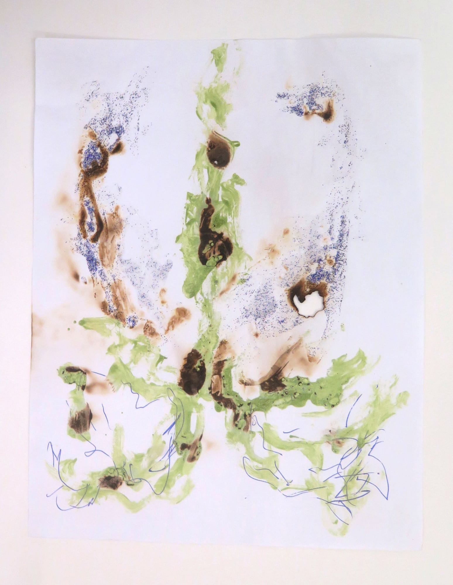 Jared Madere To be titled (Matter Harmonic Topiary), 2016/2017 Glyph: nail polish, glitter, ink, burns on paper Sculpture: sand, flowers, water, broken glass, urethane pigment, glitter, wood, and dirt Glyph: 13 x 9 in 33 x 22.9 cm Sculpture: 120 x 120 x 12 in 304.8 x 304.8 x 30.5 cm (dimensions variable with each manifestation)