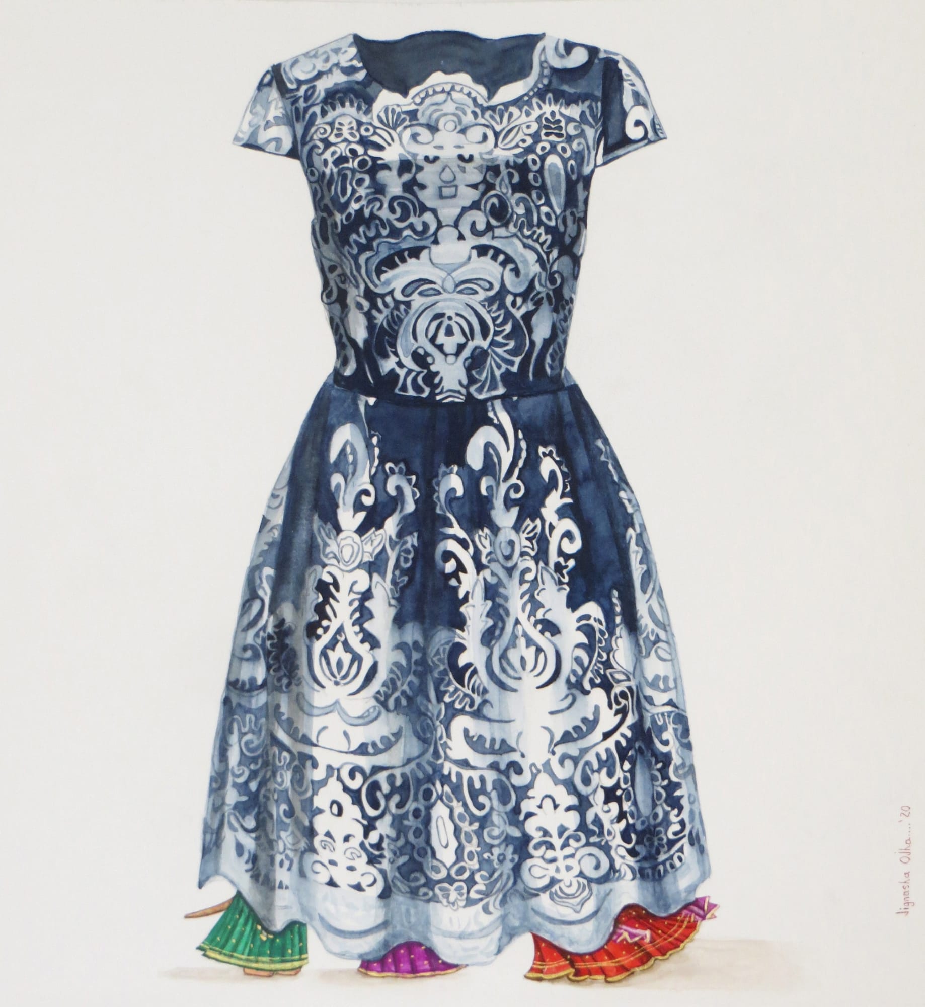 The artist juxtaposes modern day clothing, mostly western casual, with popular characters and scenes from Indian miniature painting