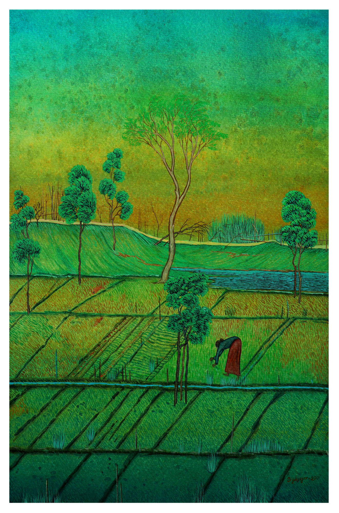 The artist paints a picture of a woman working in a green field who's bent down to pick weed amongst the crop.