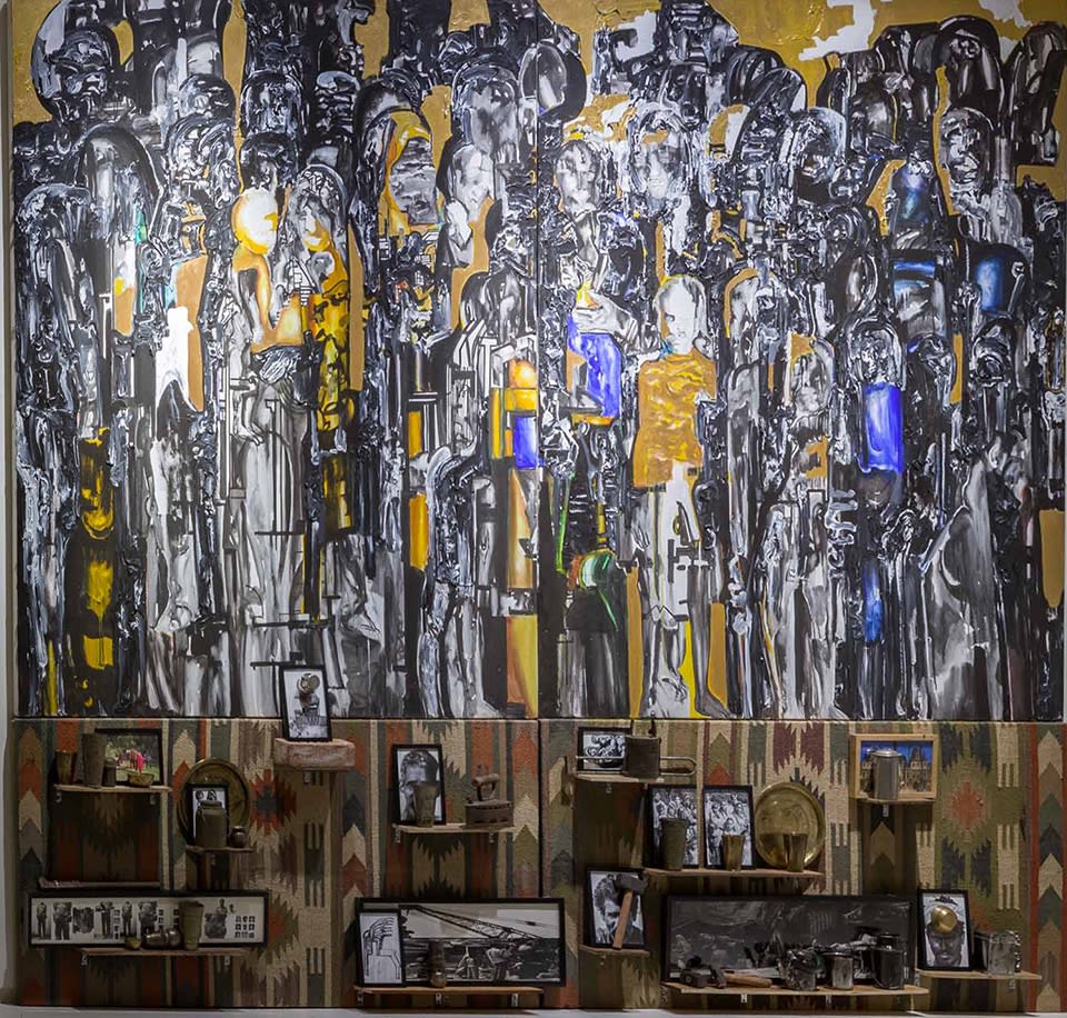 PROBIR GUPTA Migrant Workers Iron oxides, acrylic, brass, steel, Iron, wood, photographs and cotton durries mounted on ply wood 320 x 198 cm. 126 x 78 in. Quadriptych