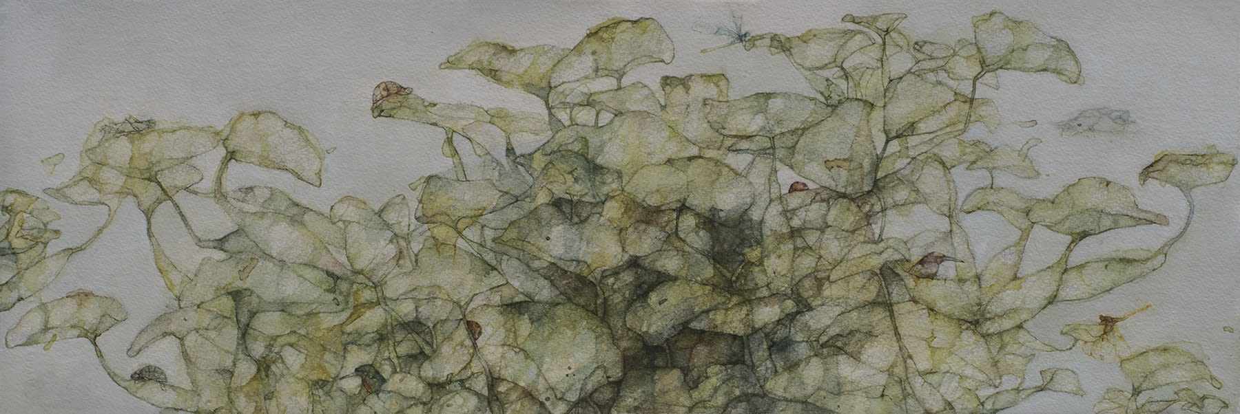 A watercolour painting of a pond with lotuses