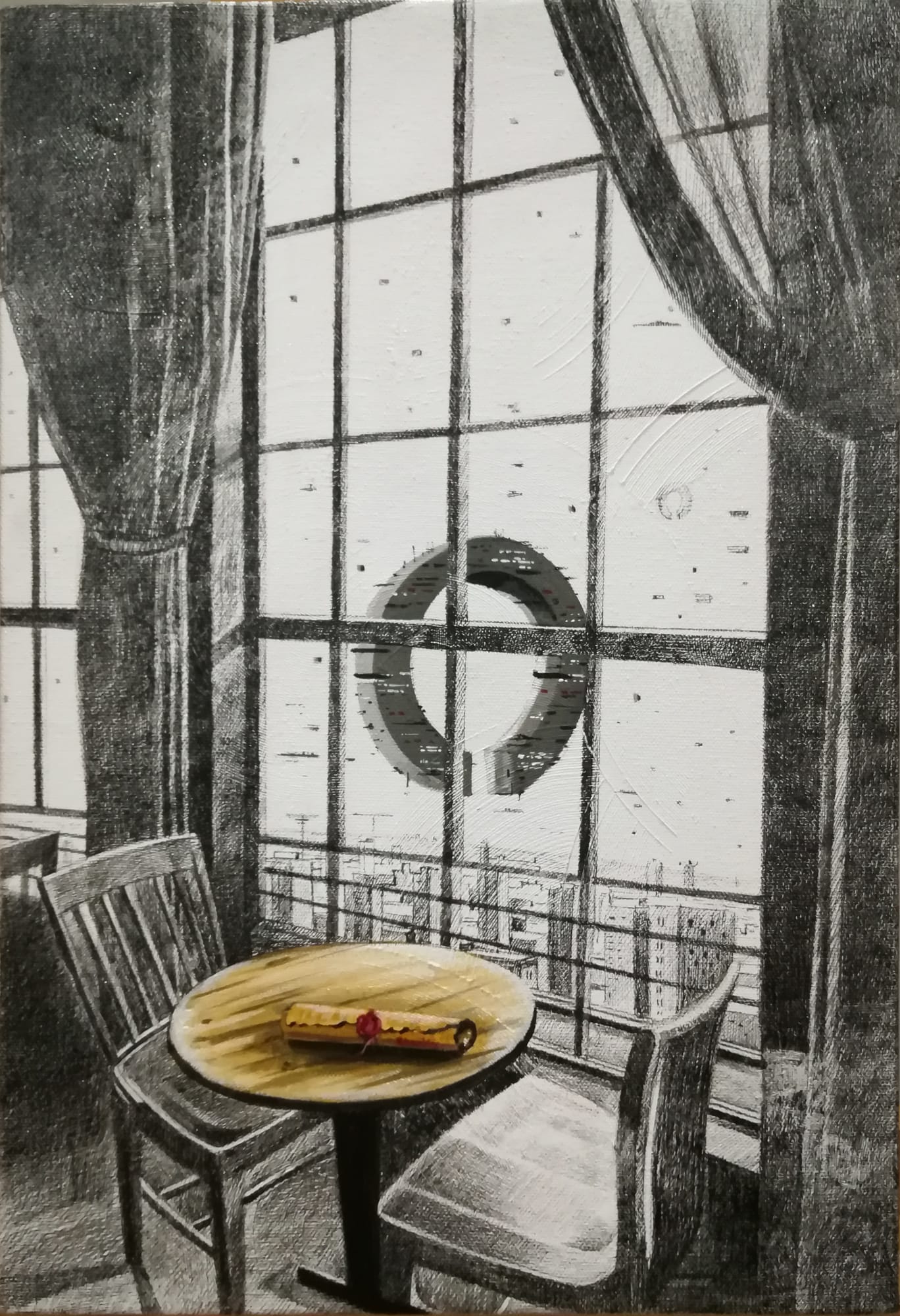 An acrylic paining titled Message showing a rolled paper with a wax seal placed on a table by the window.
