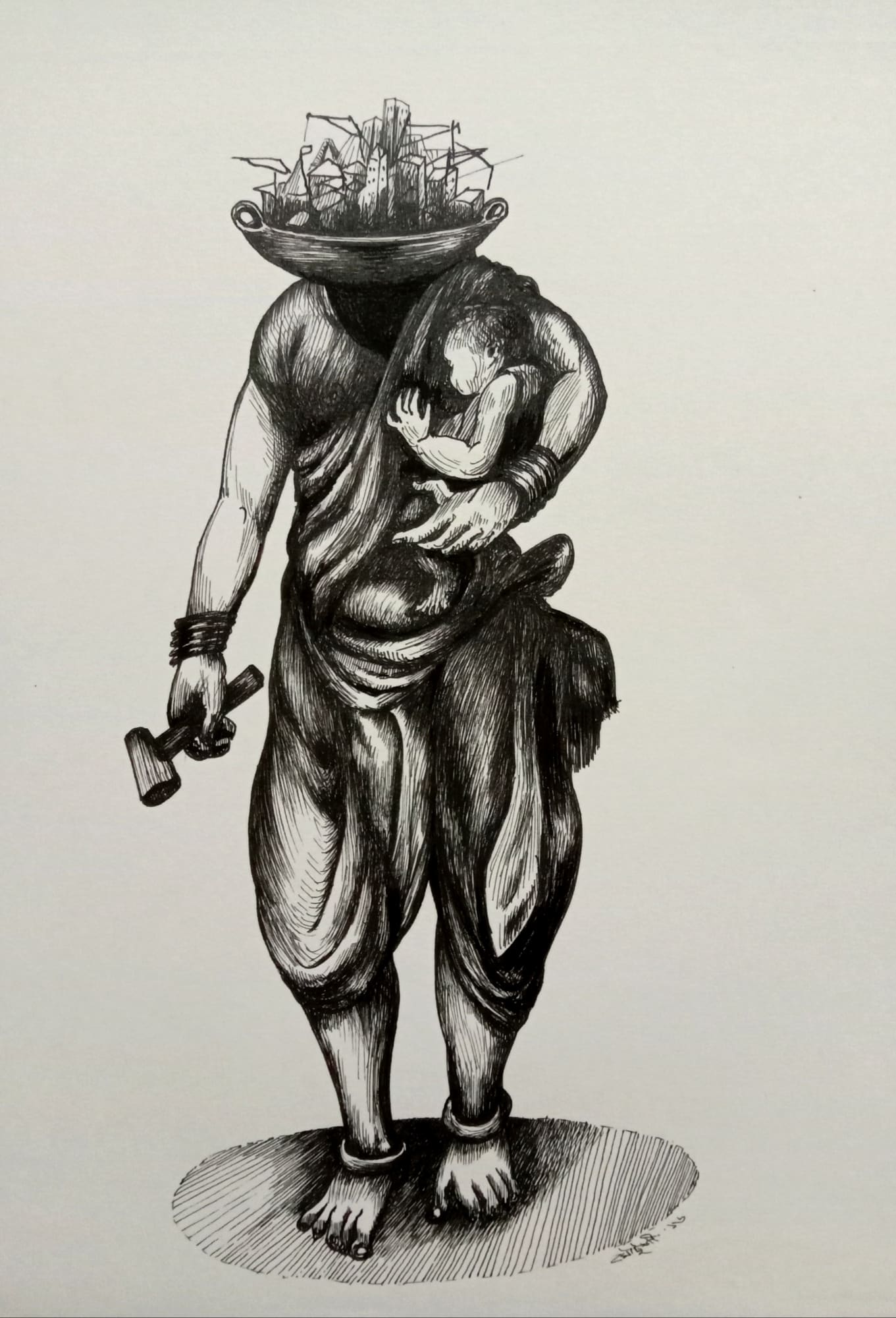 A drawing of woman carrying the tools of her trade and her baby