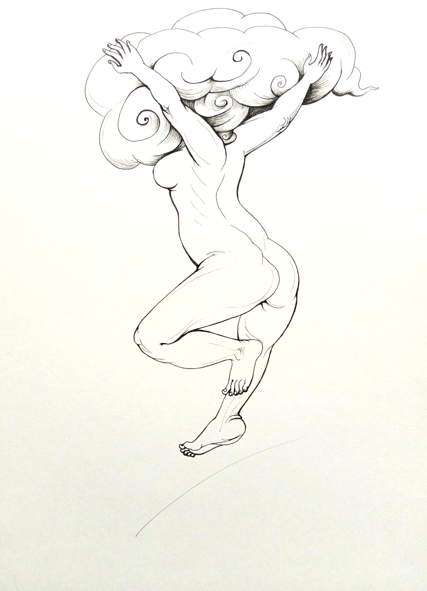 A drawing of a nude woman with her head in the clouds